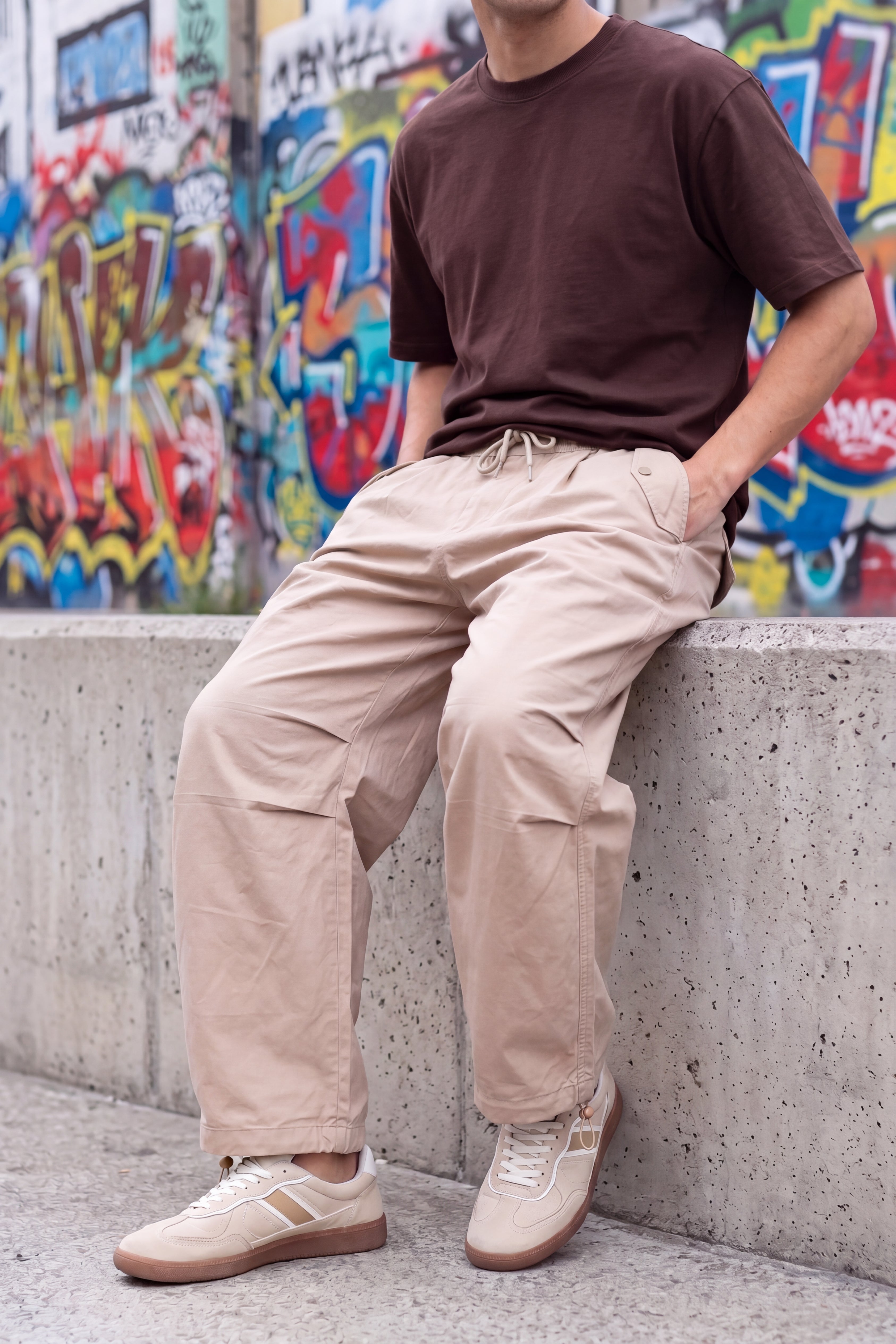 Beige 4 Pocketed Boxy Fit Pant