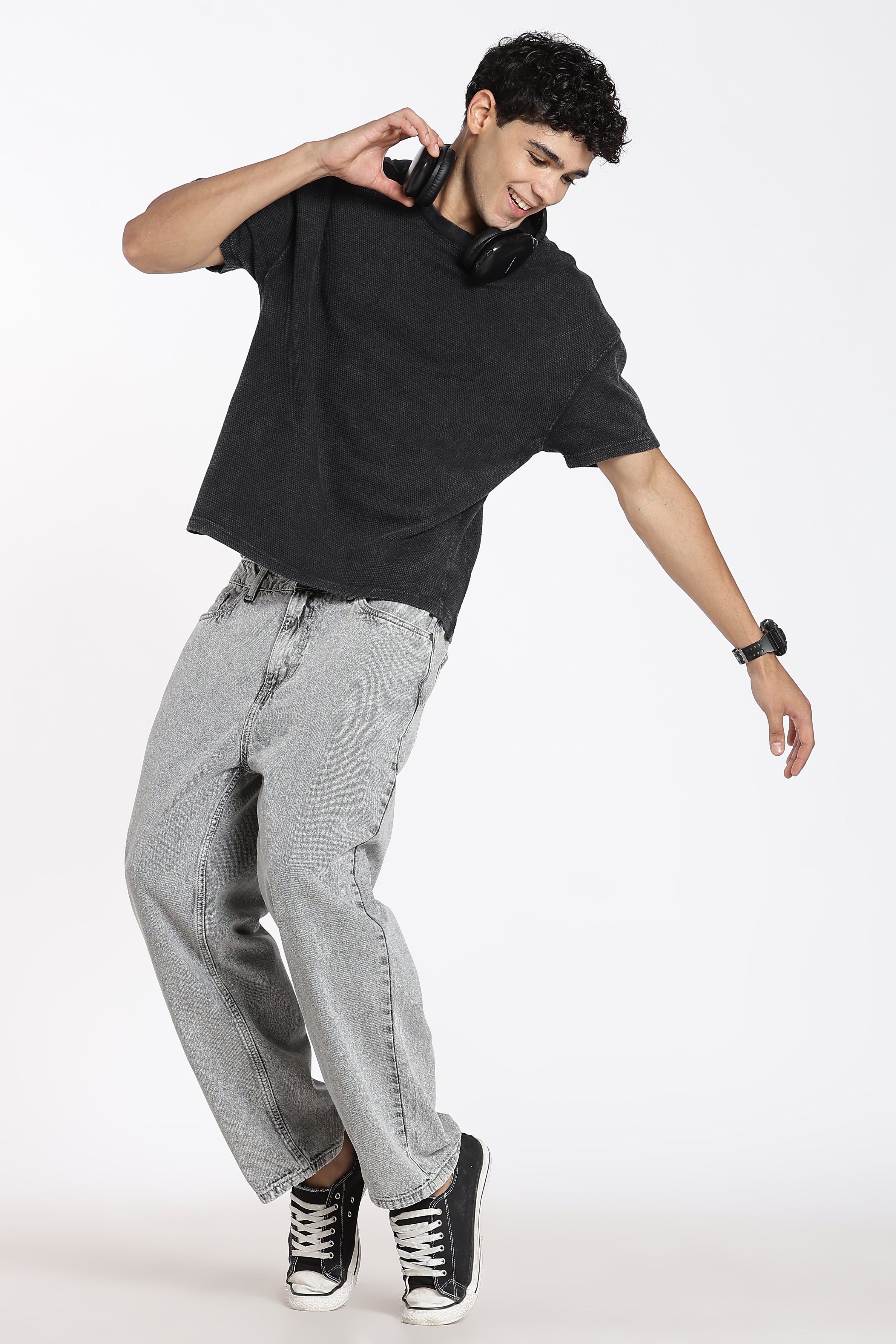 Charcoal Drop Shoulder Sleeves Oversized Fit T-Shirt