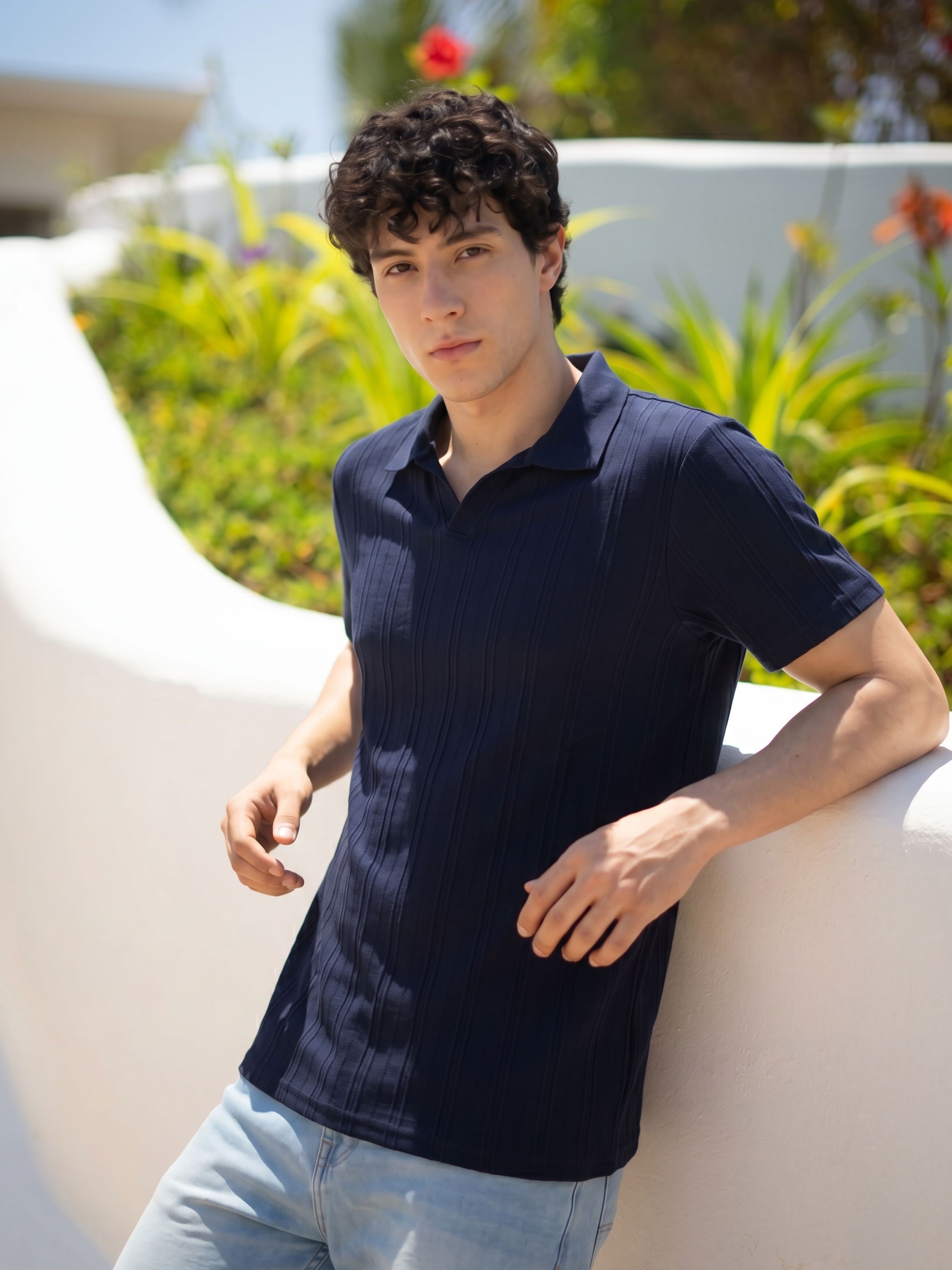 Navy Textured Regular Fit Polo T-Shirt
