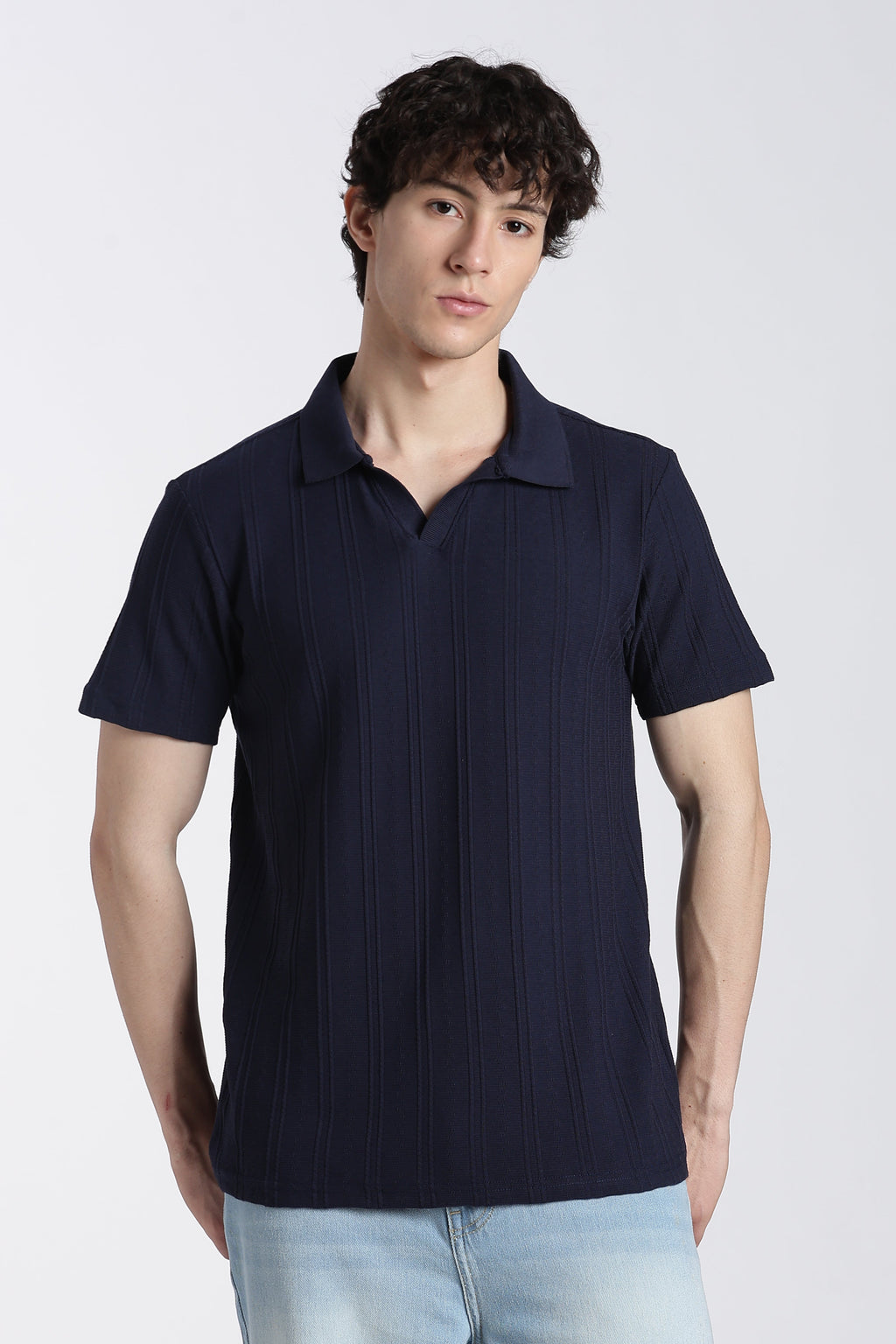 Navy Textured Regular Fit Polo T-Shirt