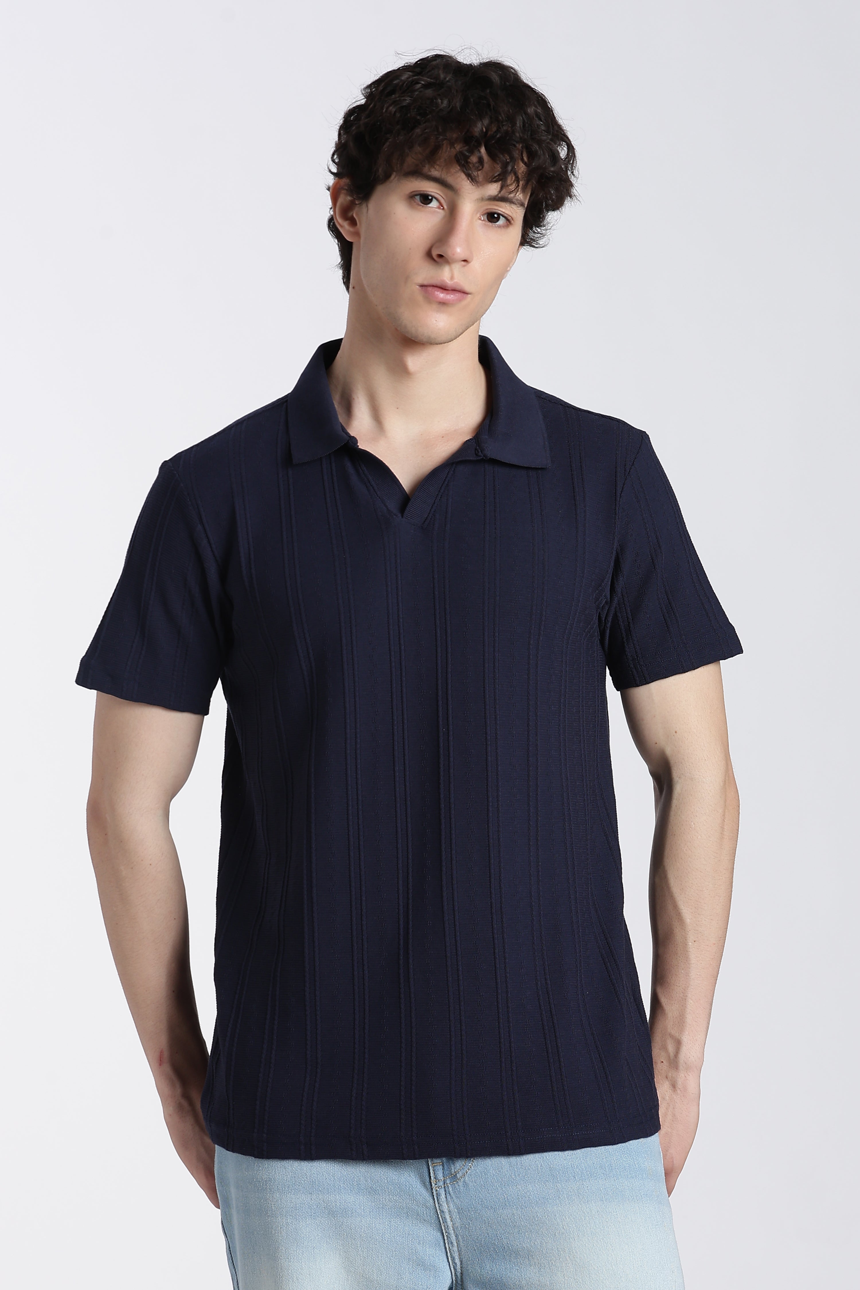 Navy Textured Regular Fit Polo T-Shirt