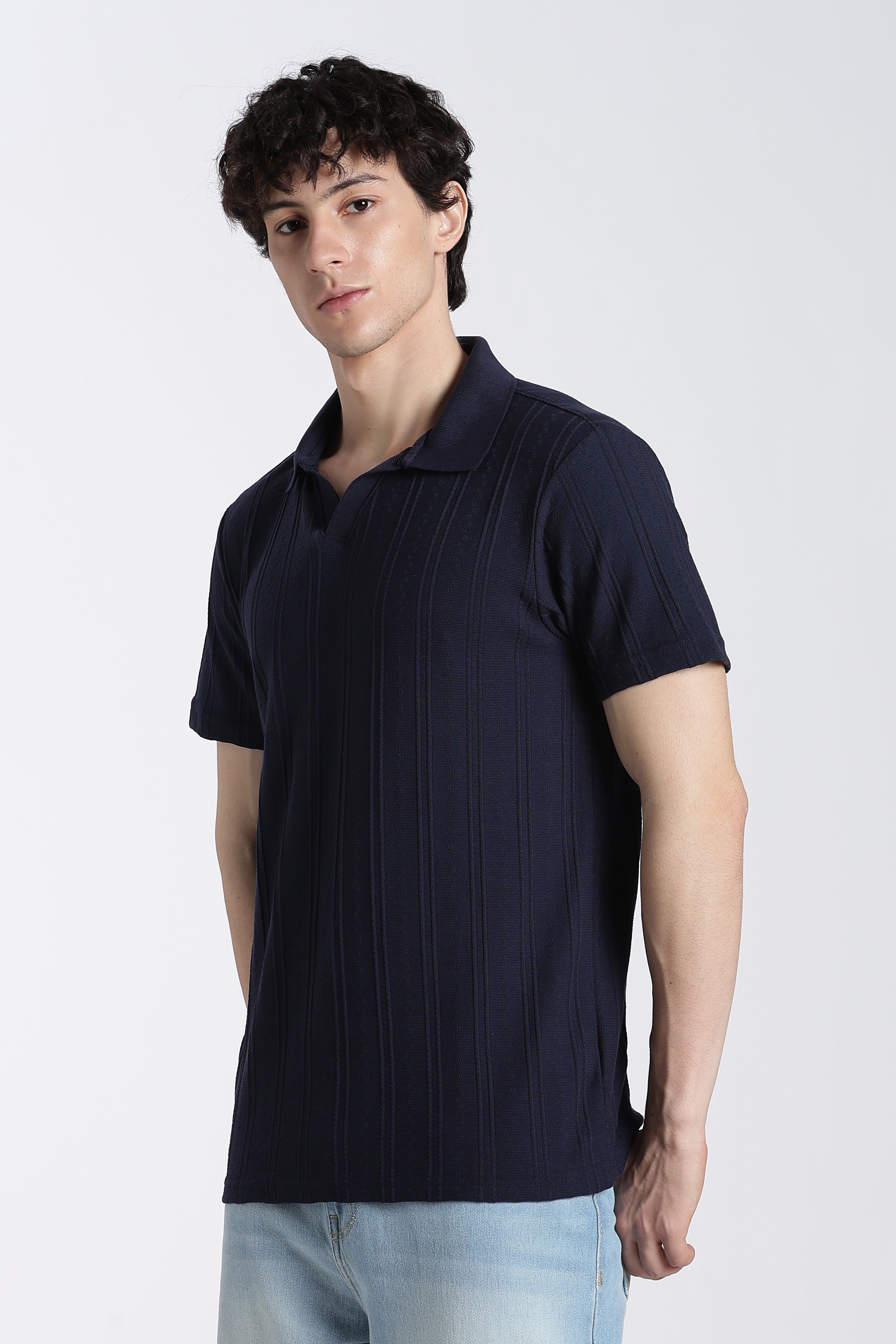 Navy Textured Regular Fit Polo T-Shirt