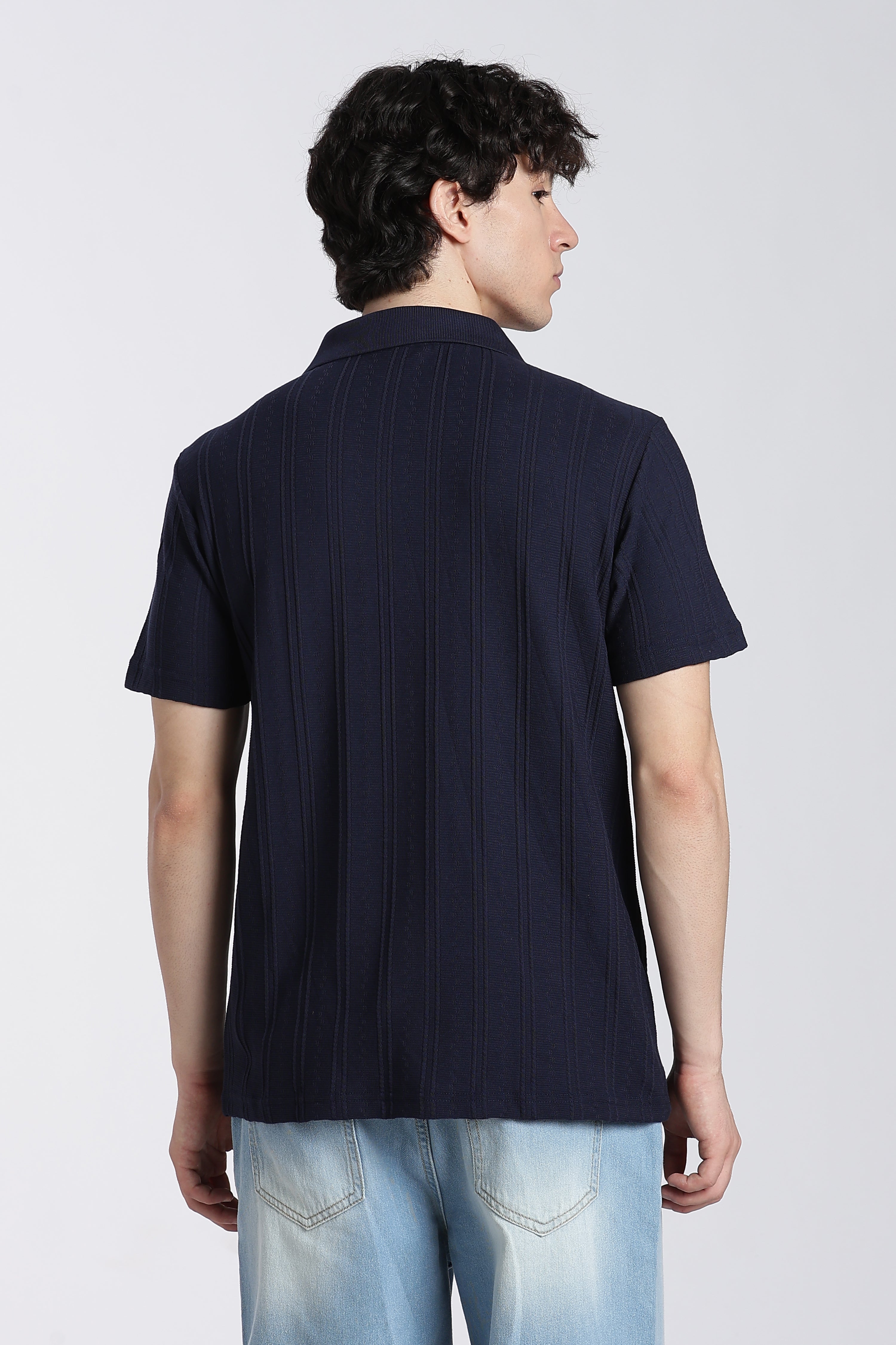 Navy Textured Regular Fit Polo T-Shirt