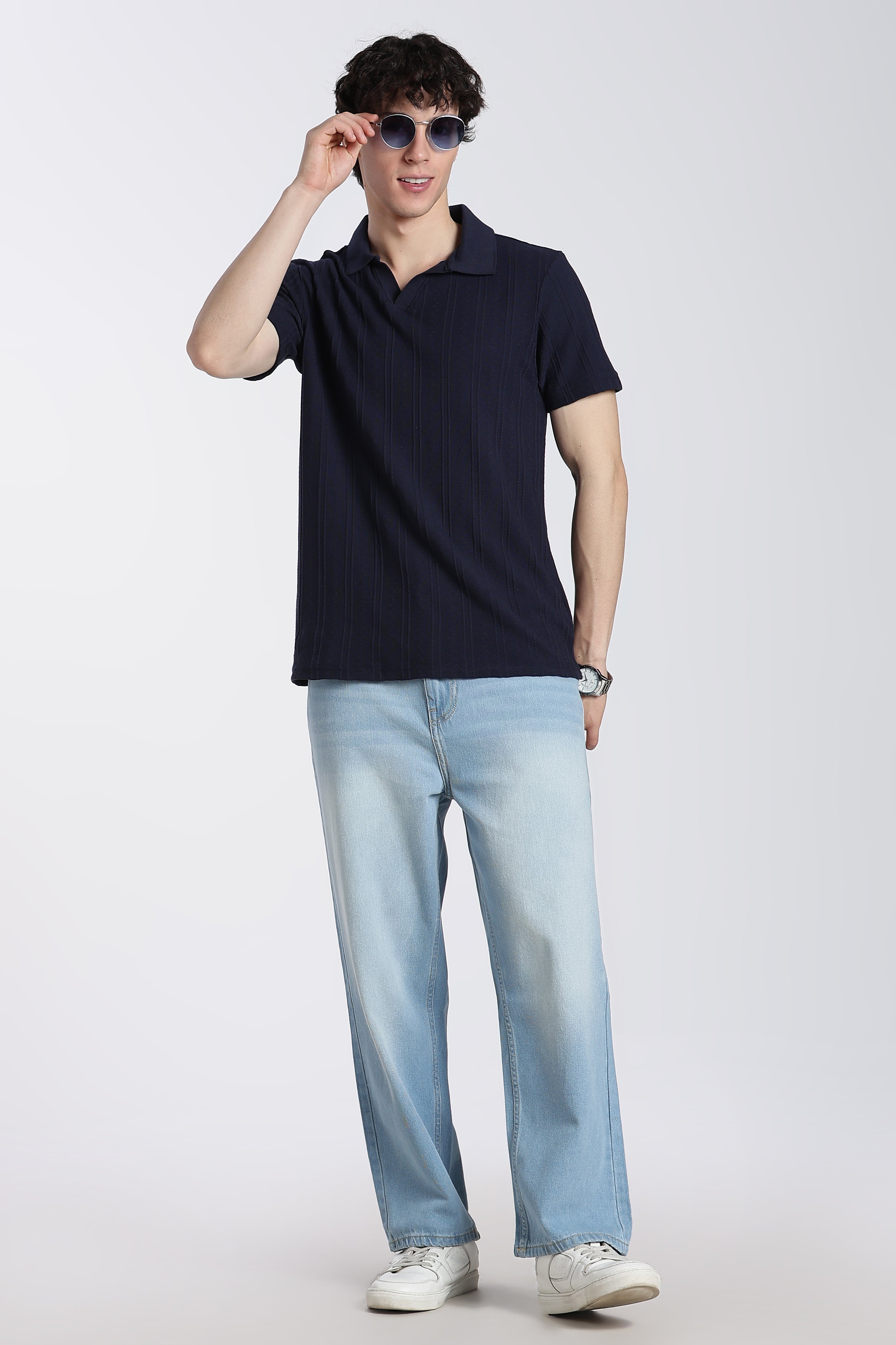 Navy Textured Regular Fit Polo T-Shirt