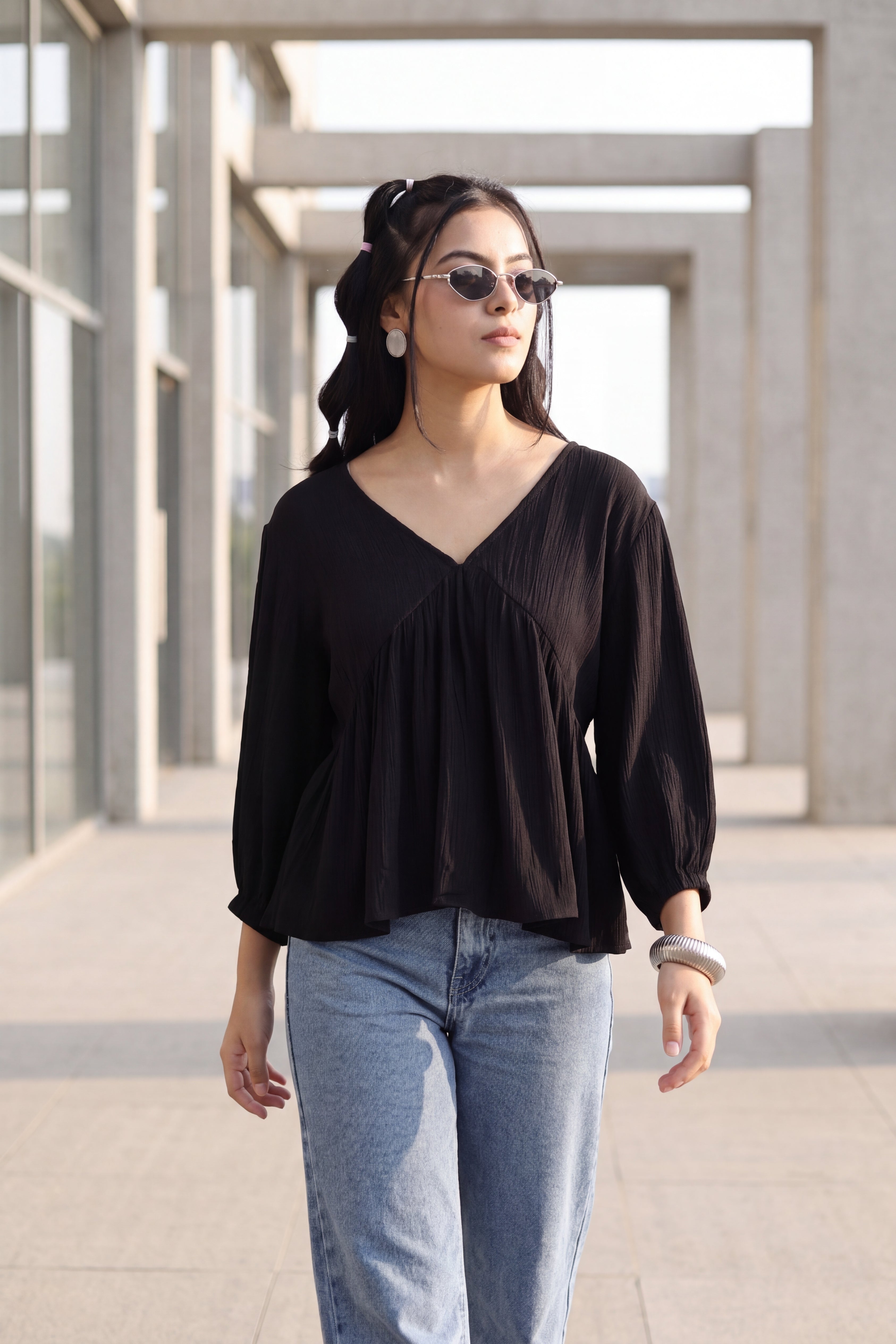 Black Regular Fit Peasant Tunic