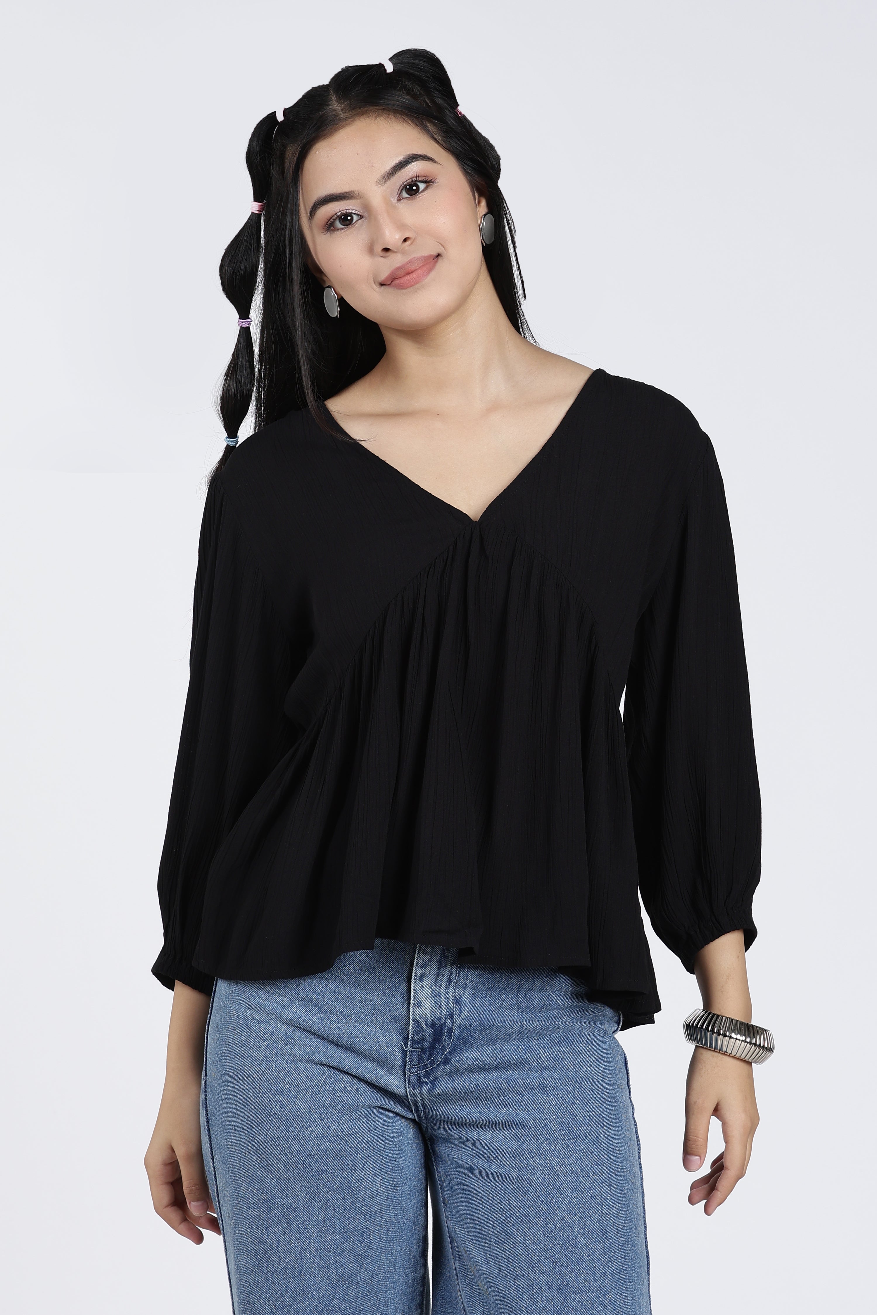 Black Regular Fit Peasant Tunic