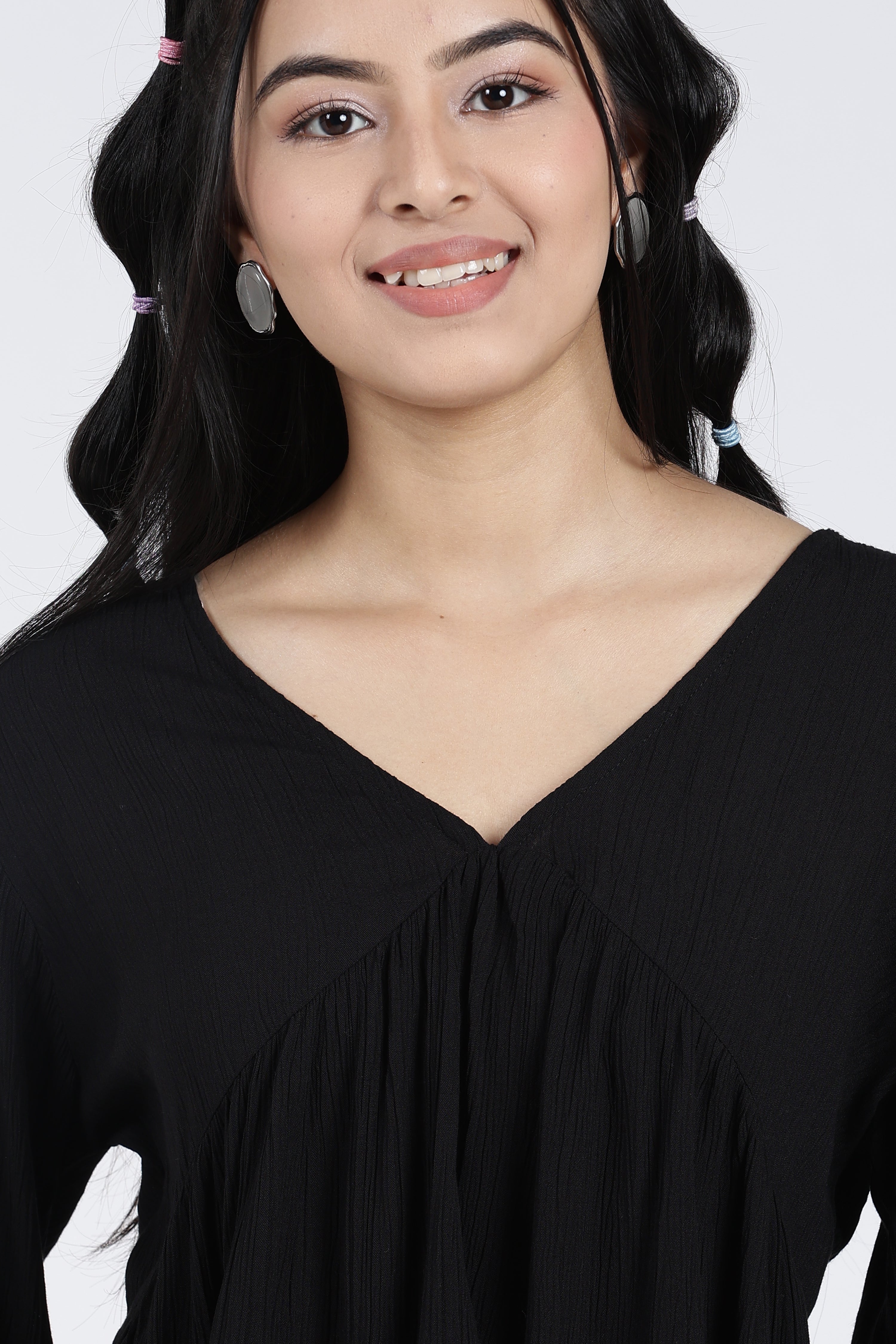 Black Regular Fit Peasant Tunic