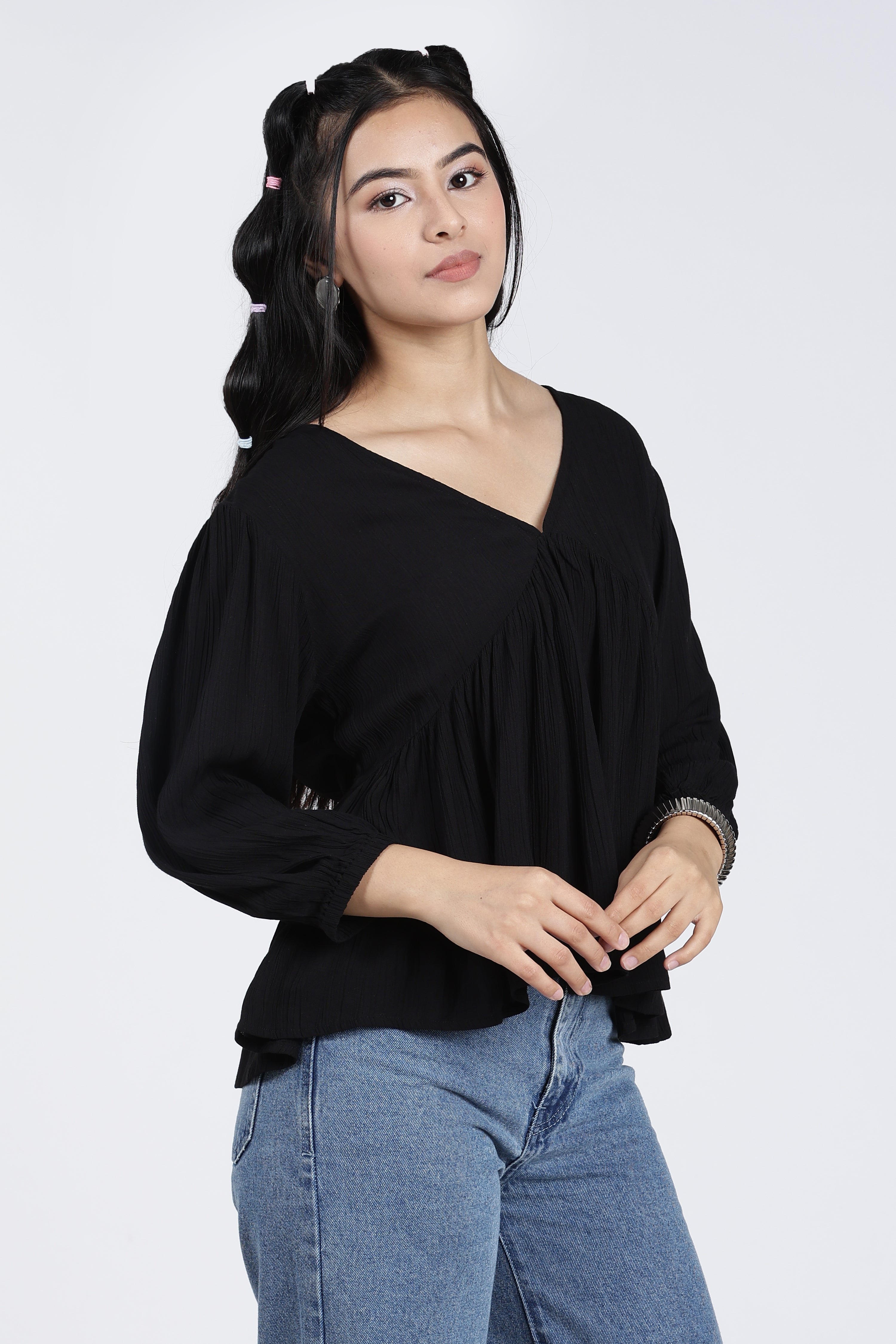 Black Regular Fit Peasant Tunic