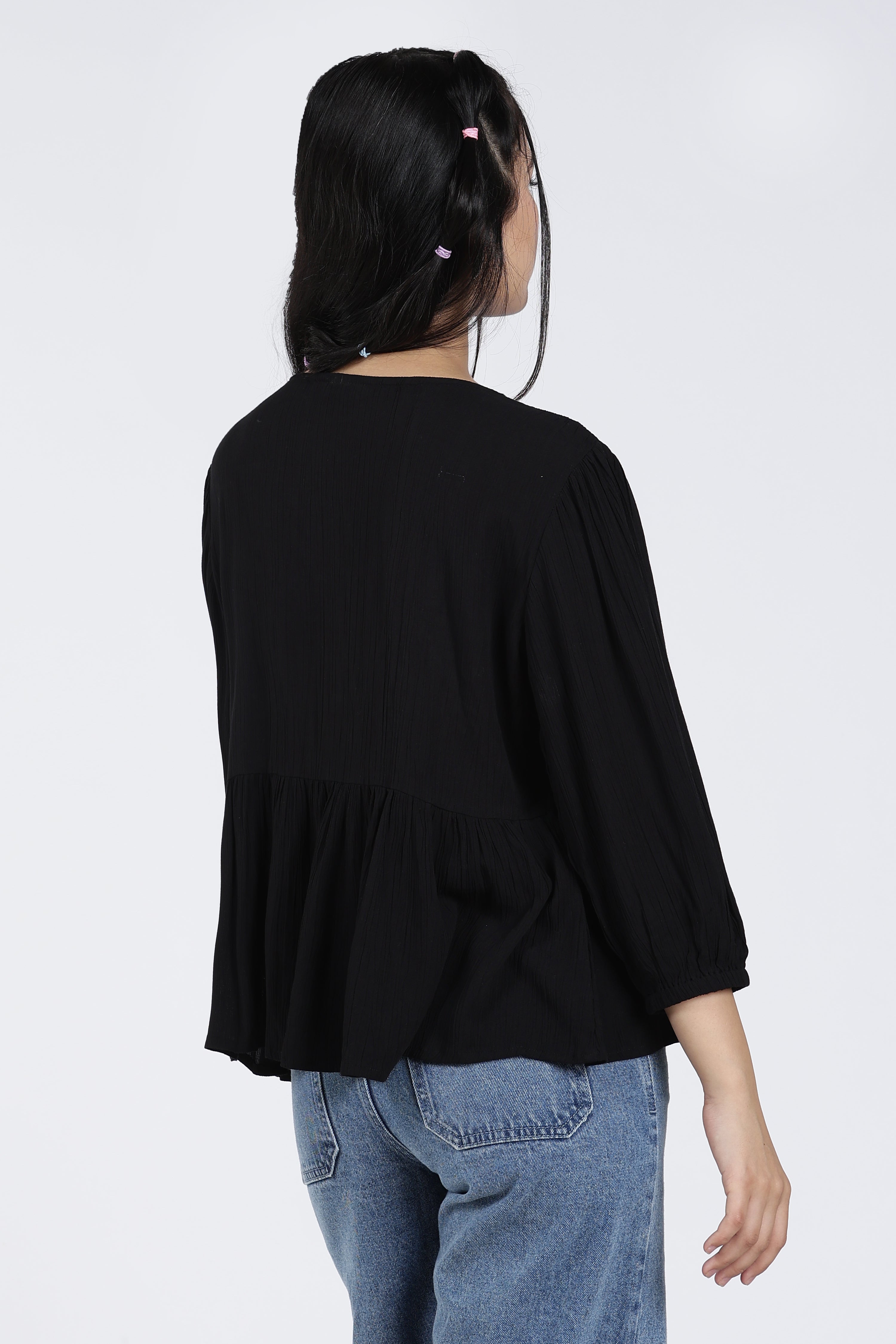 Black Regular Fit Peasant Tunic