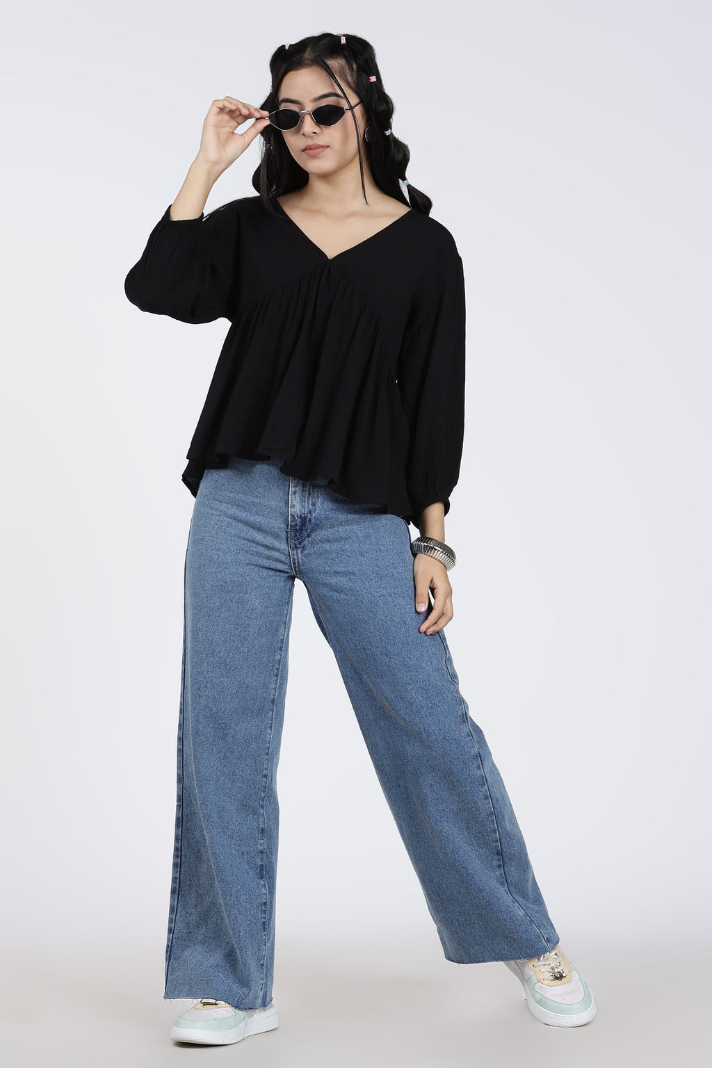 Black Regular Fit Peasant Tunic