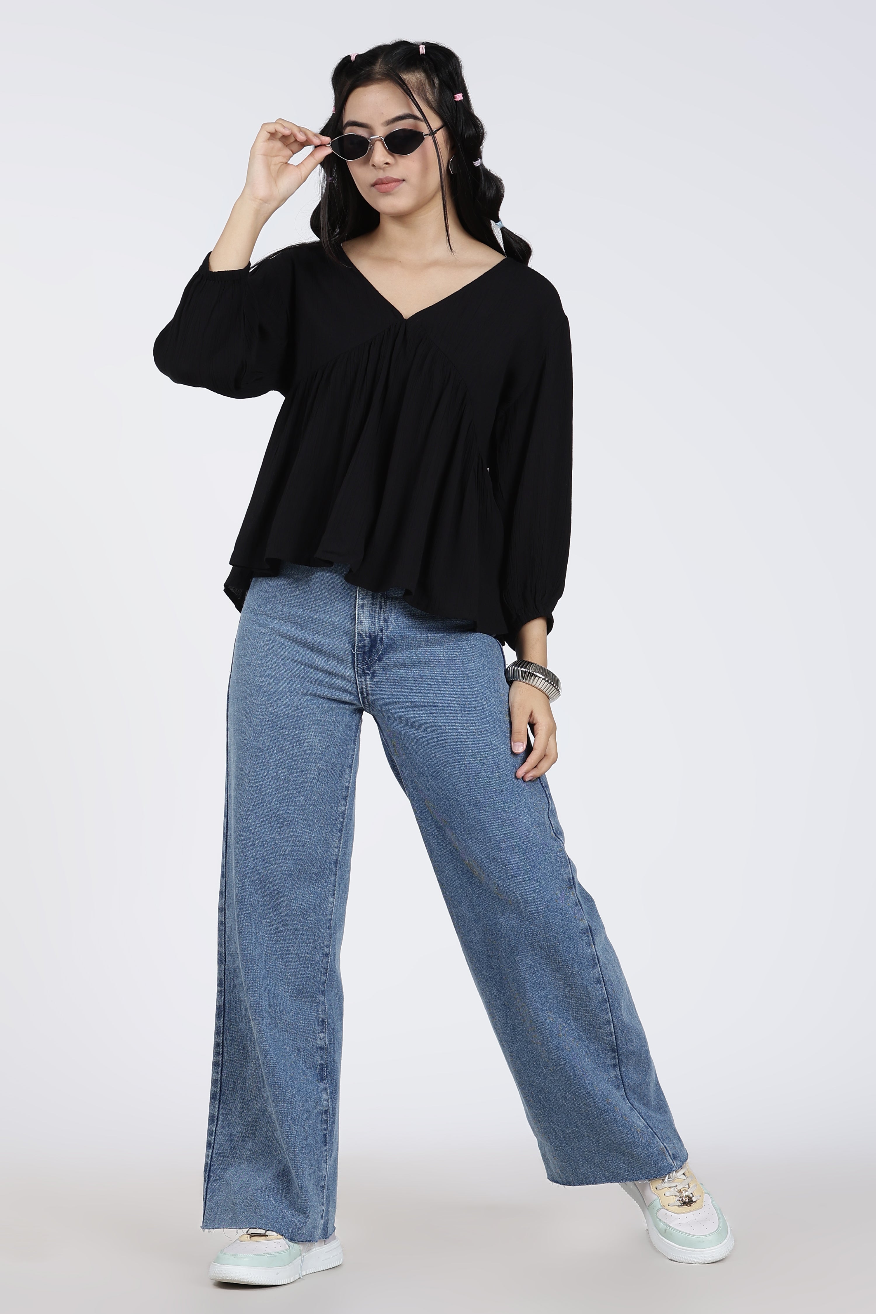 Black Regular Fit Peasant Tunic
