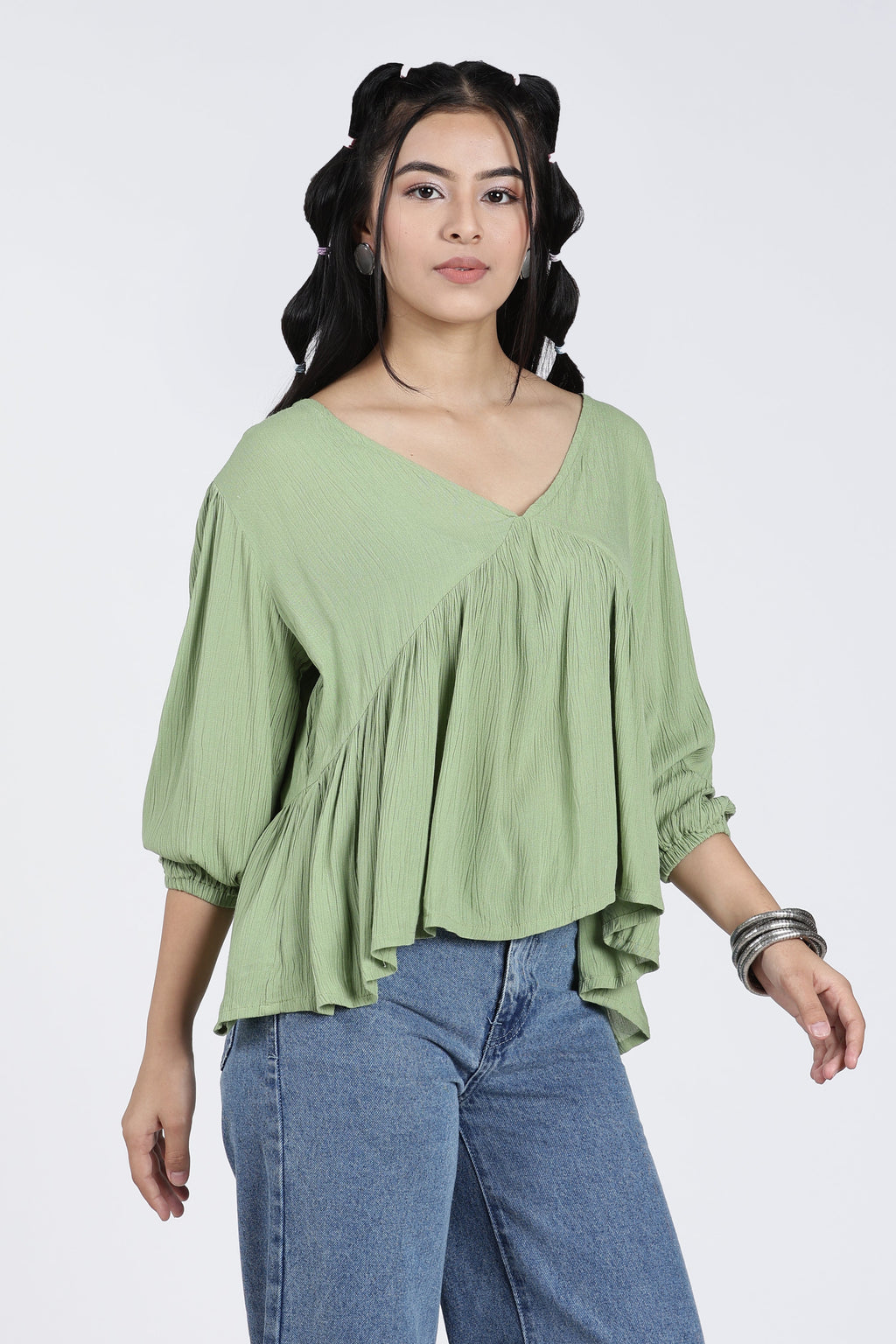 Green Regular Fit Peasant Tunic