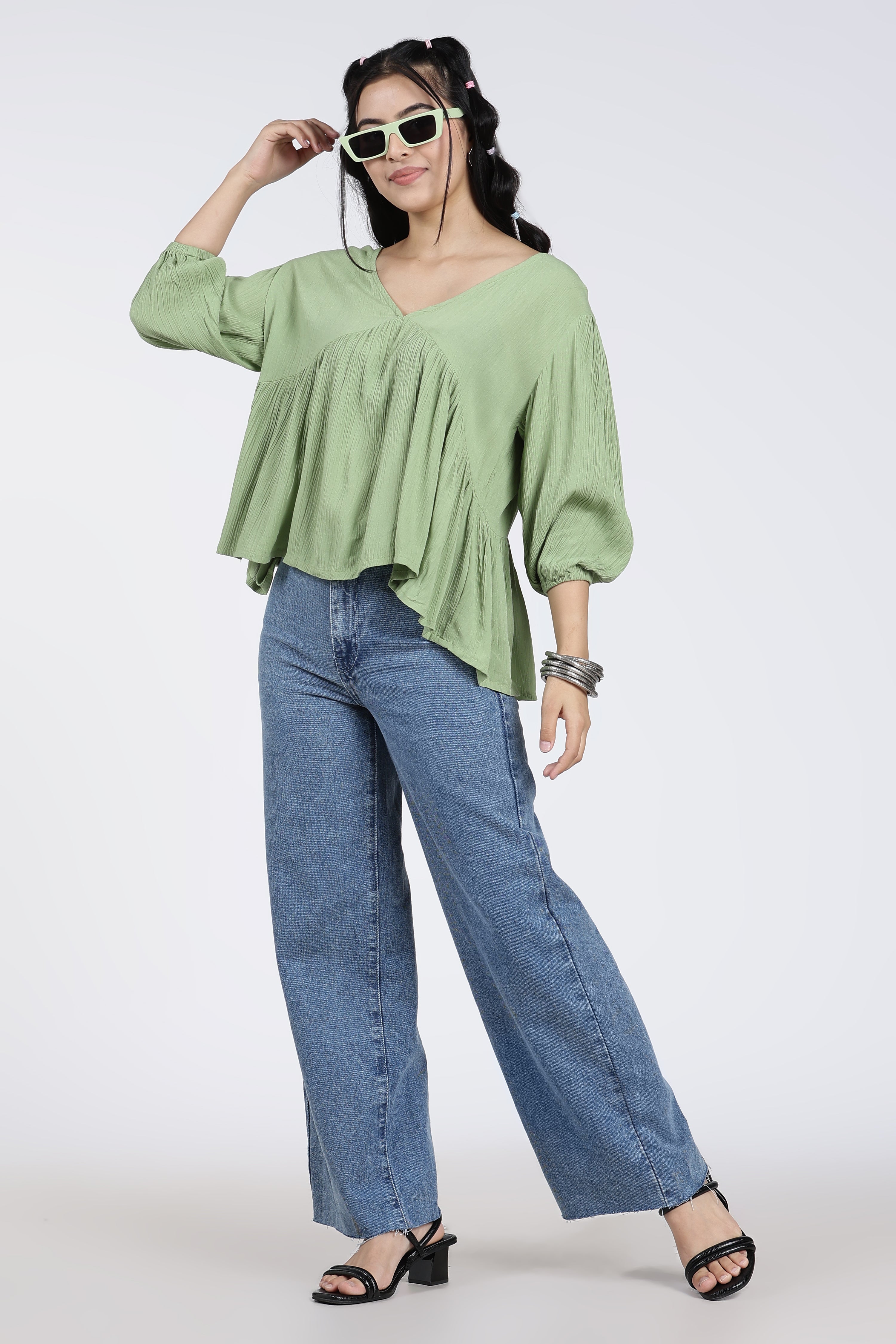 Green Regular Fit Peasant Tunic