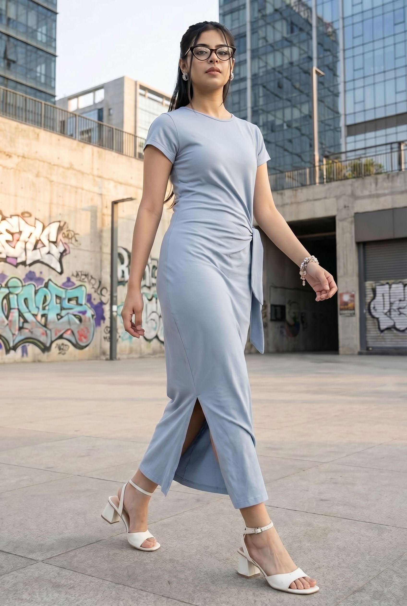 Light Blue Tied Up Regular Fit Dress