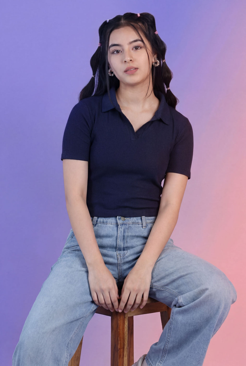 Navy Cotton Blend Regular Fit Polo T-Shirt