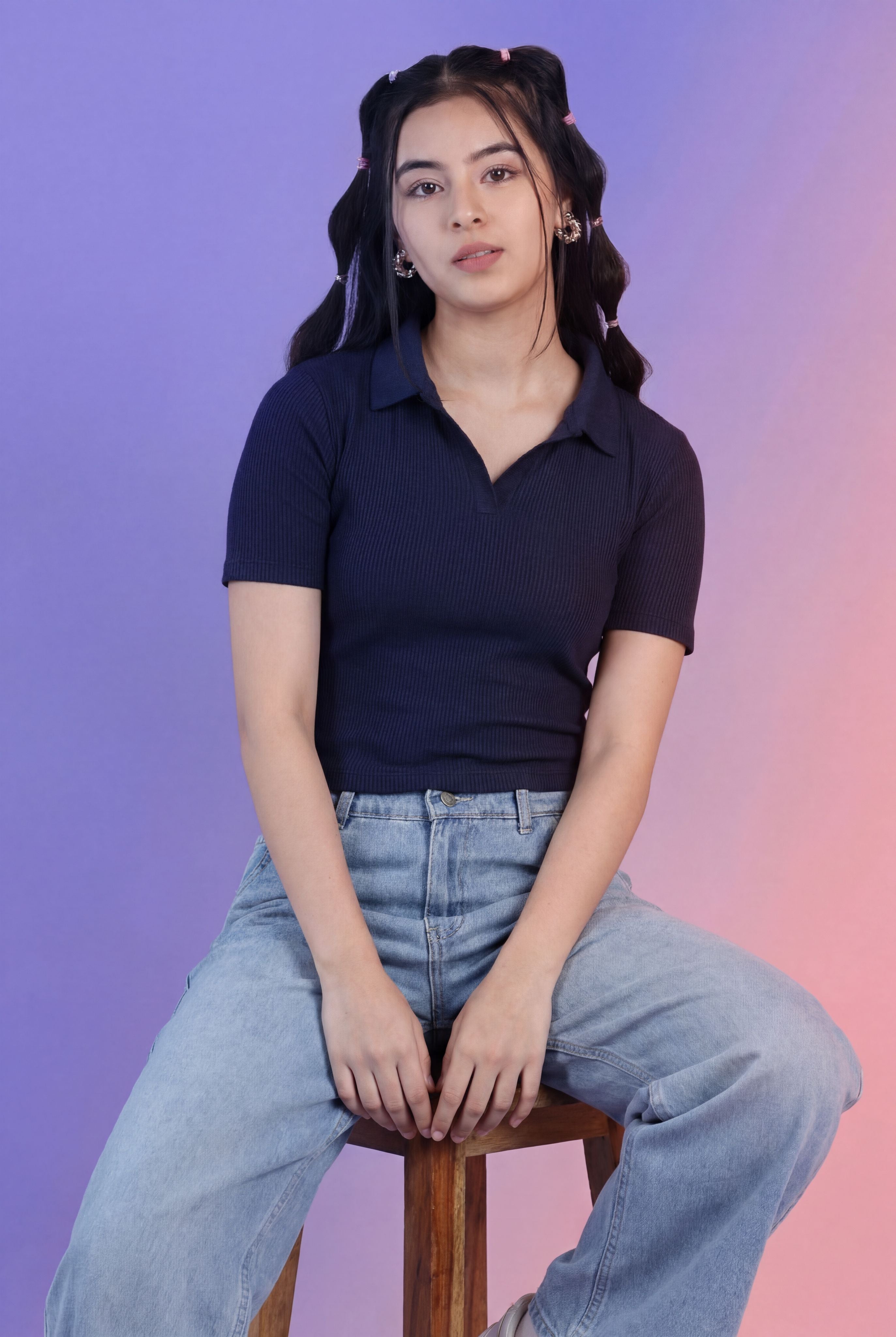 Navy Cotton Blend Regular Fit Polo T-Shirt