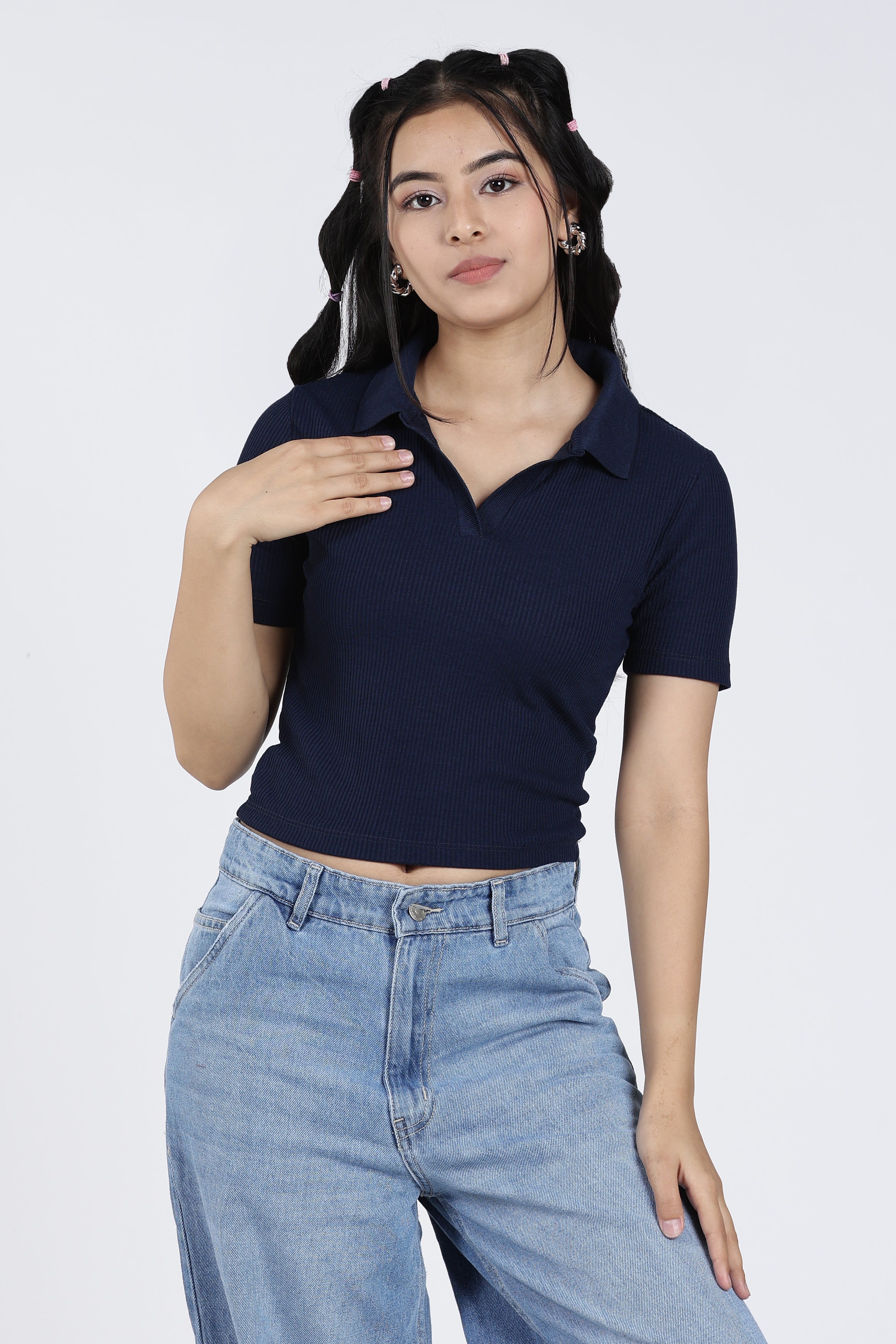 Navy Cotton Blend Regular Fit Polo T-Shirt