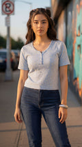 Light Blue Cotton Blend Regular Fit T-Shirt