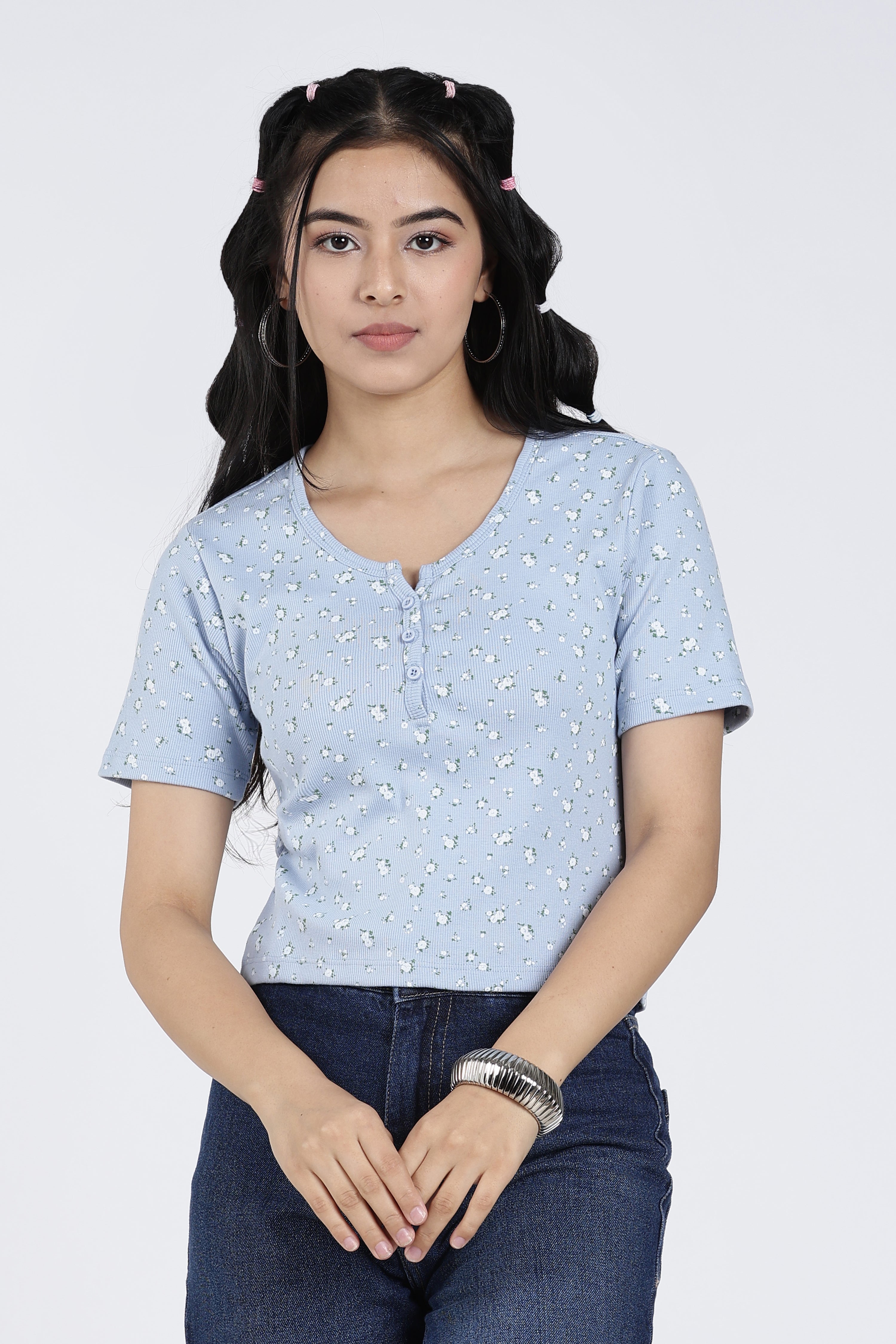 Light Blue Cotton Blend Regular Fit T-Shirt