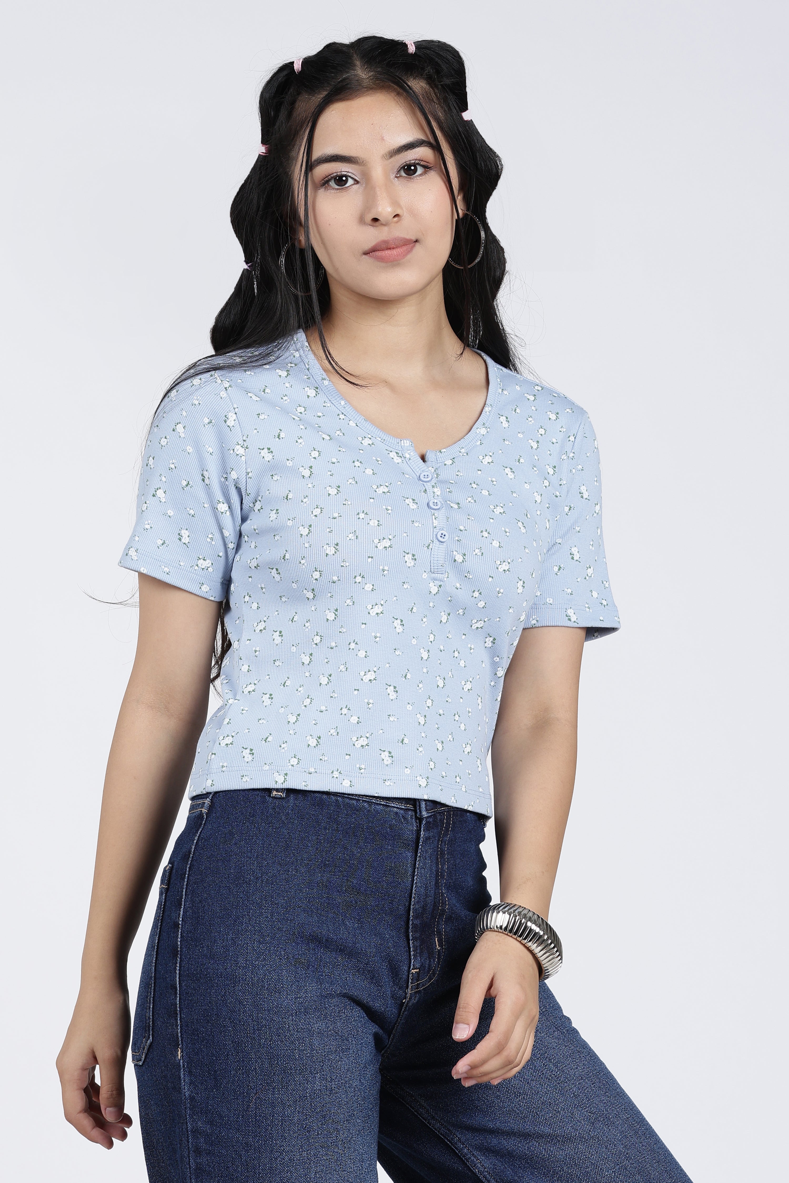 Light Blue Cotton Blend Regular Fit T-Shirt