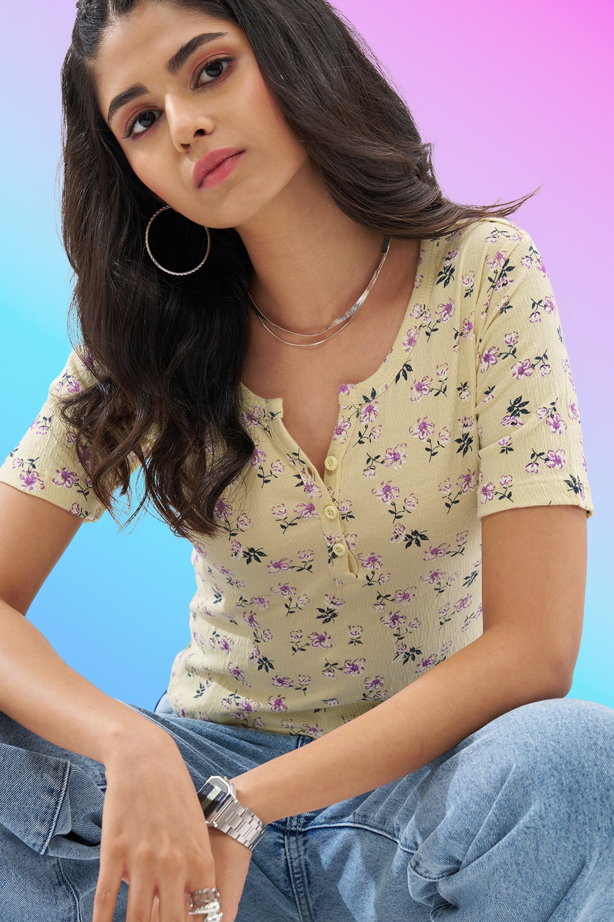 Light Yellow Floral Print Top