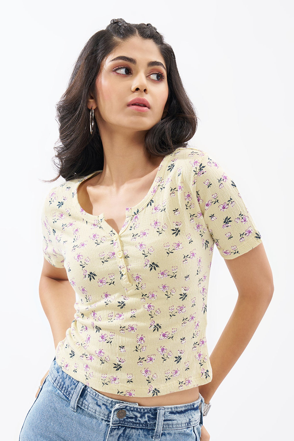 Light Yellow Floral Print Top