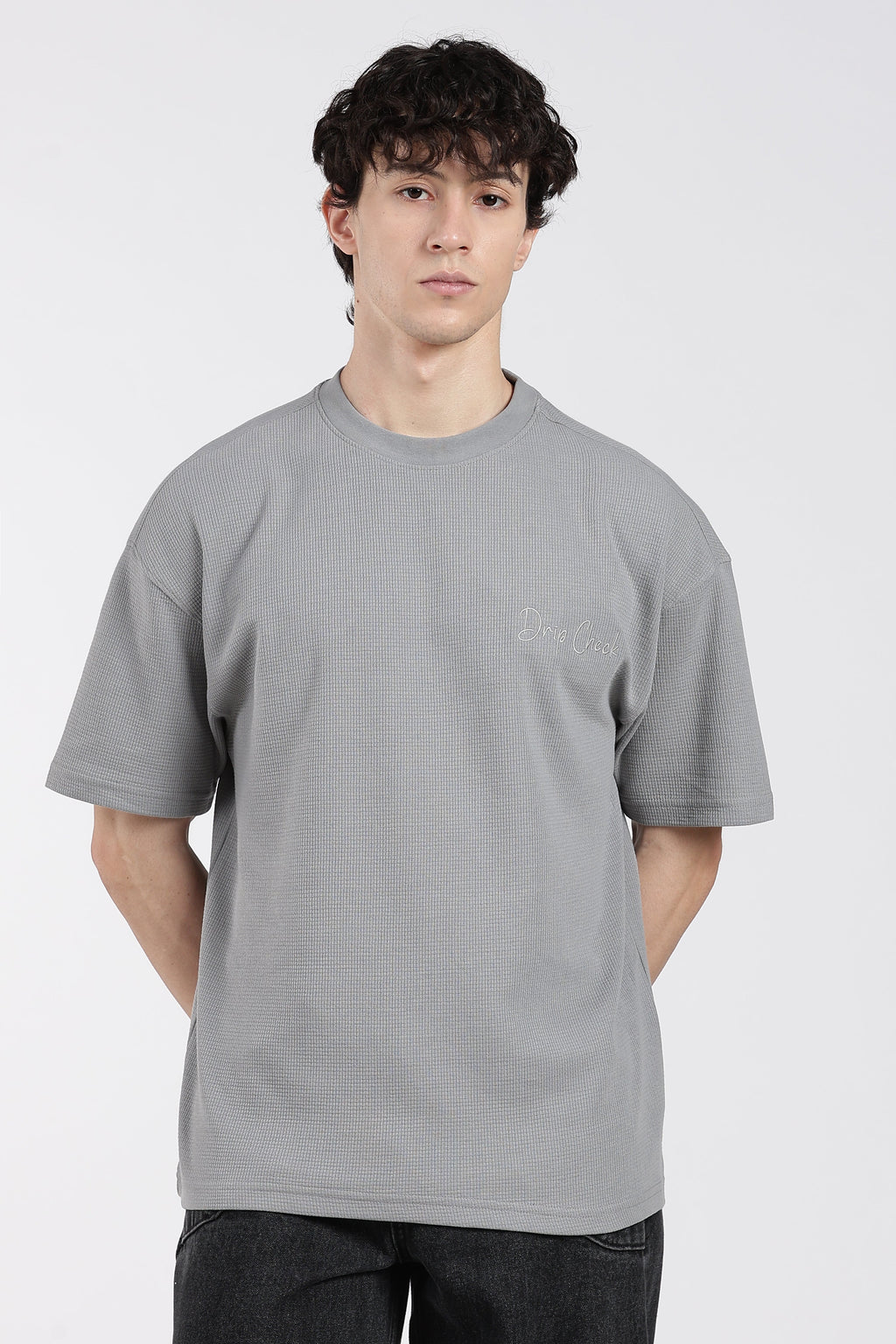 Grey Textured Oversized Fit T-Shirt