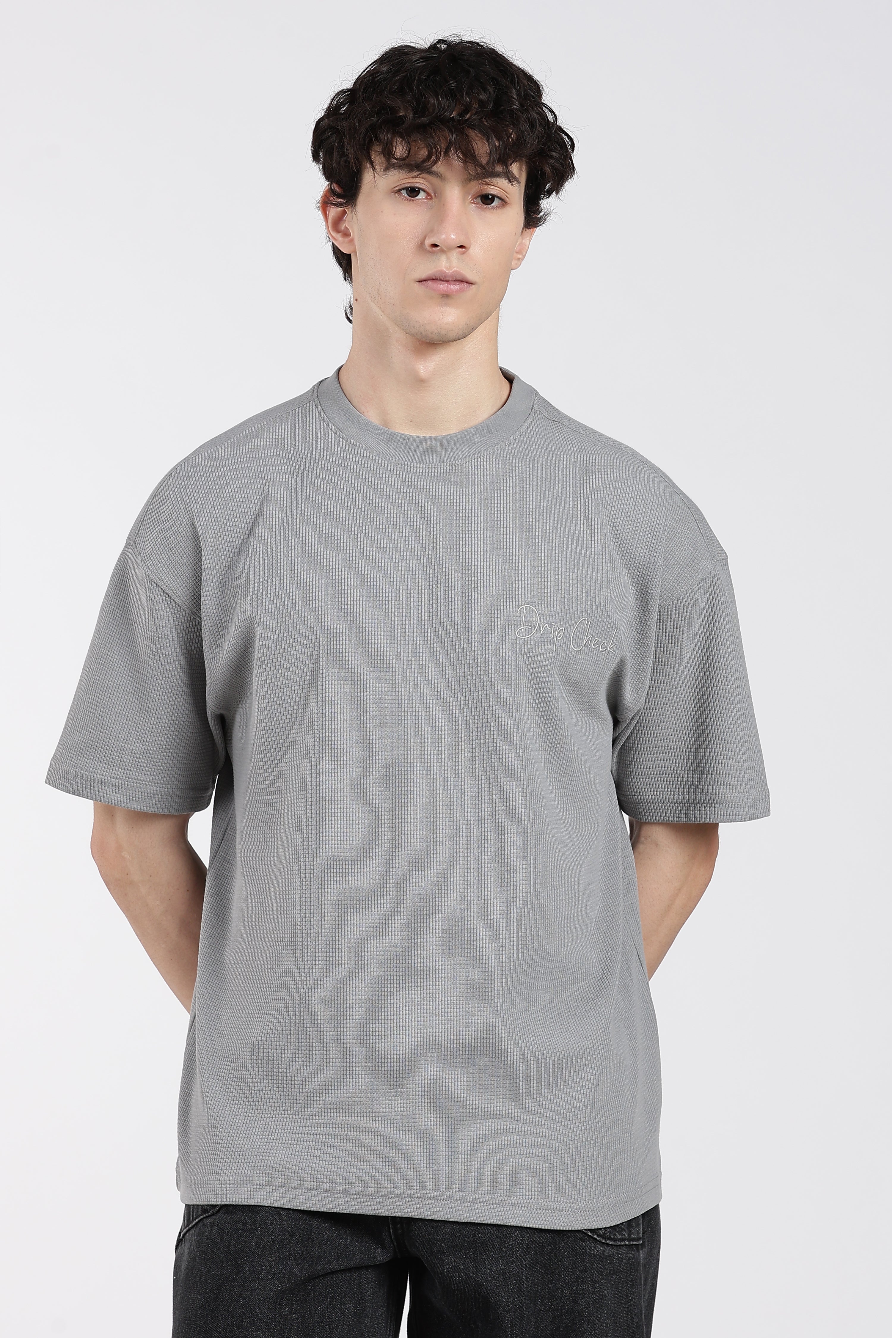 Grey Textured Oversized Fit T-Shirt