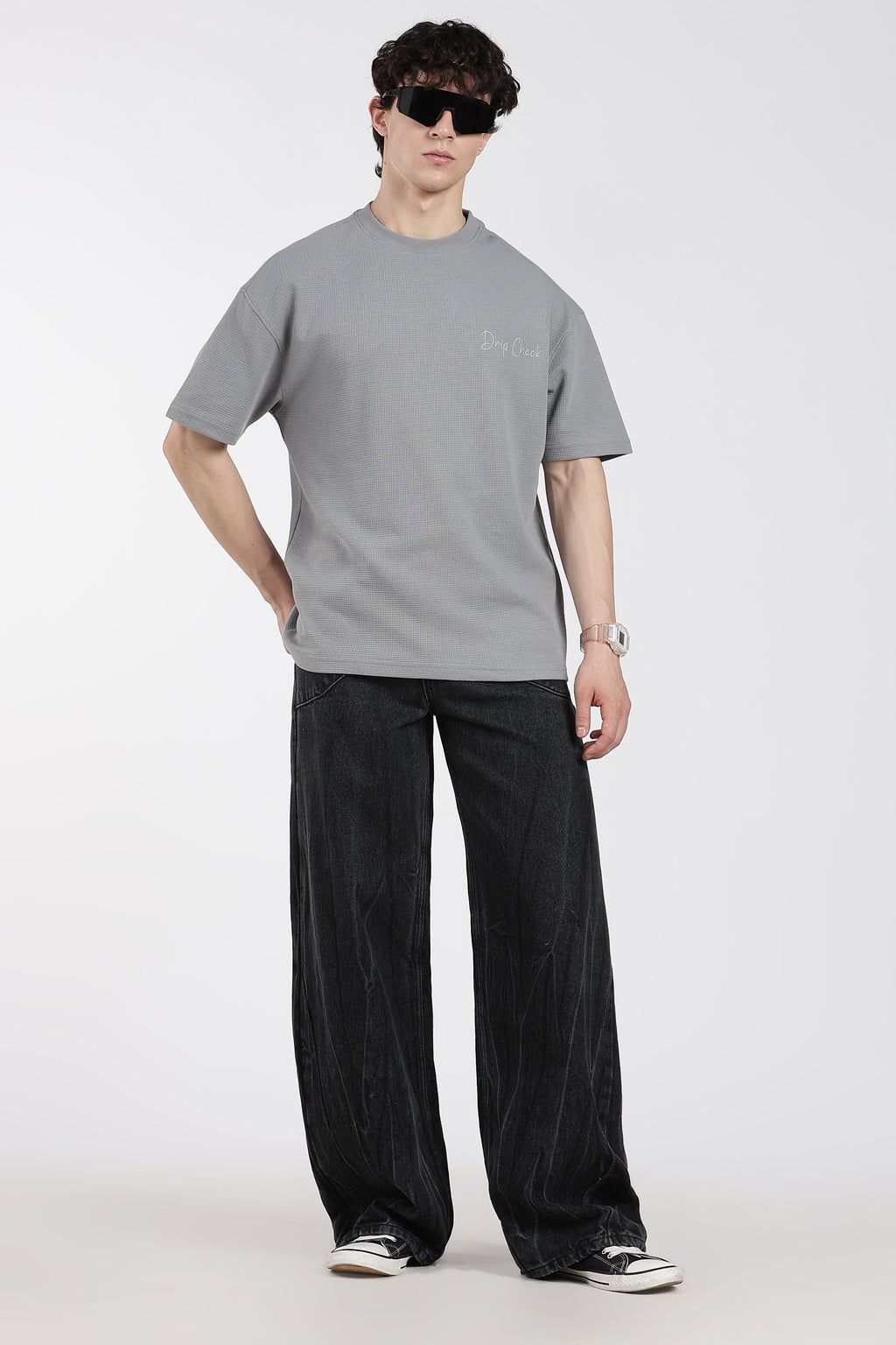 Grey Textured Oversized Fit T-Shirt