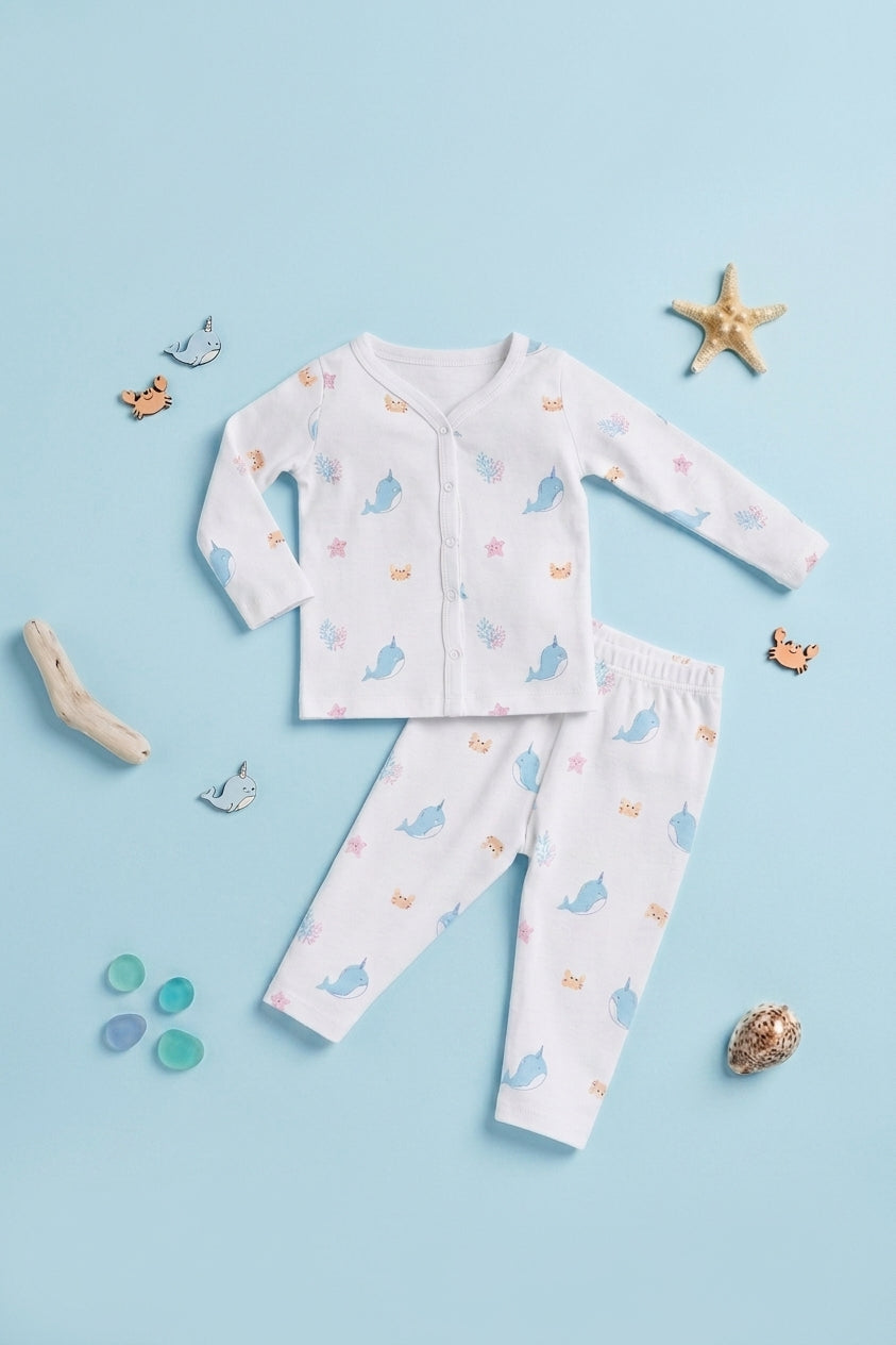 White Fish Printed Regular Fit Co-ord Set