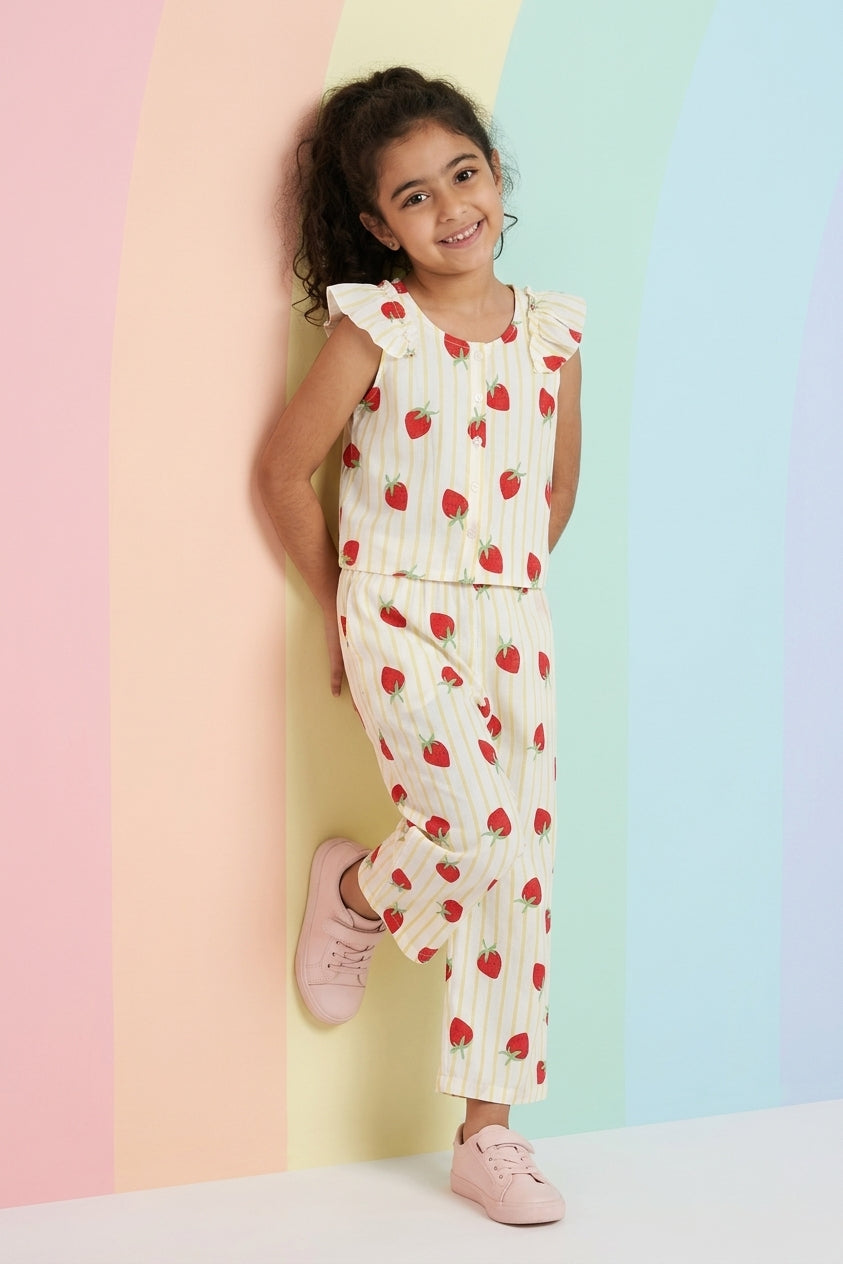 Yellow Strawberry Printed Regular Fit Co-ord Set