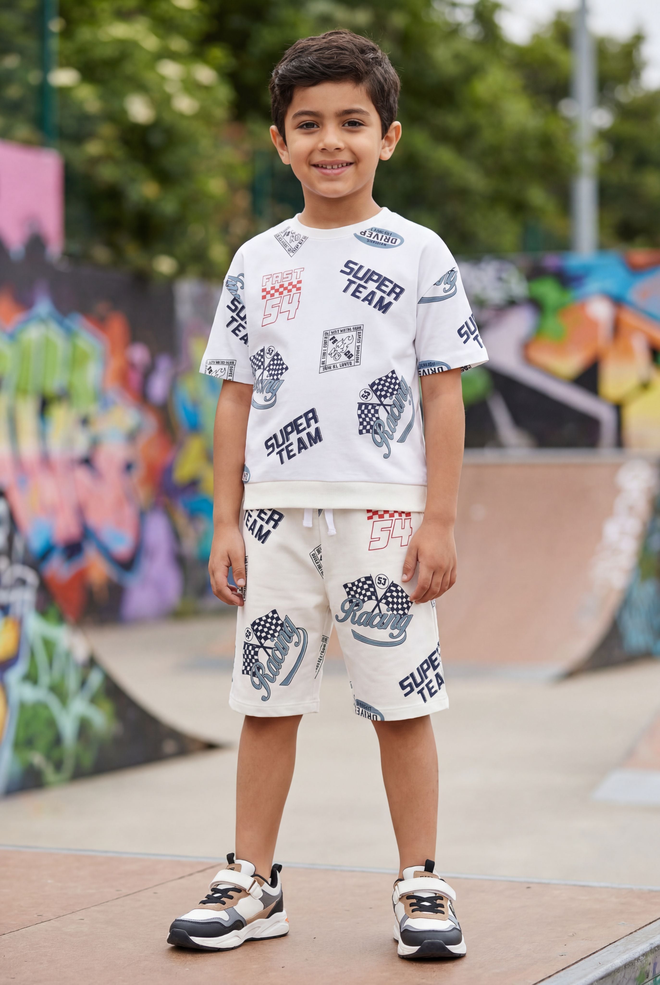 Off White Typographic Printed Regular Fit Co-ord Set