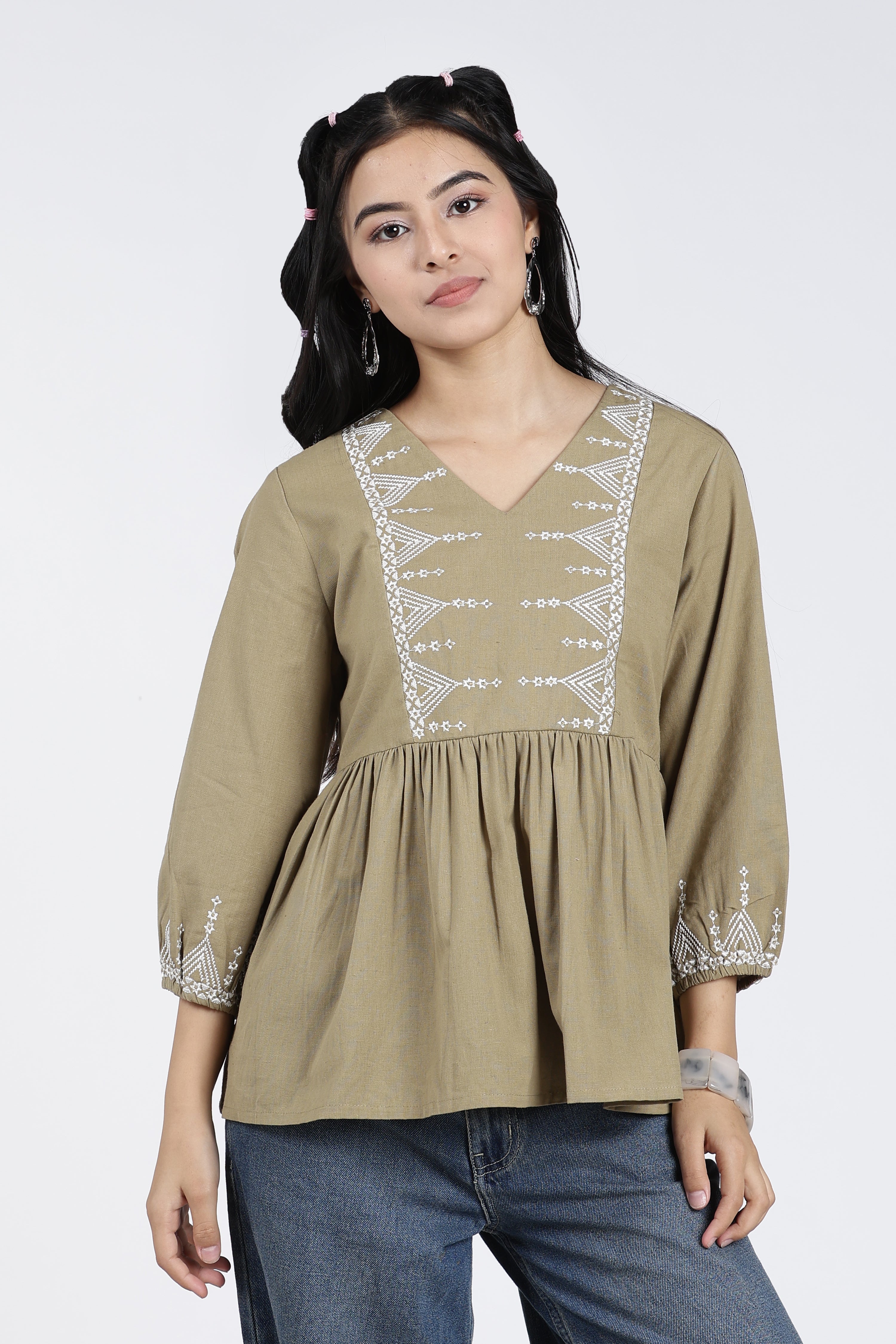 Green Regular Fit Peasant Tunic