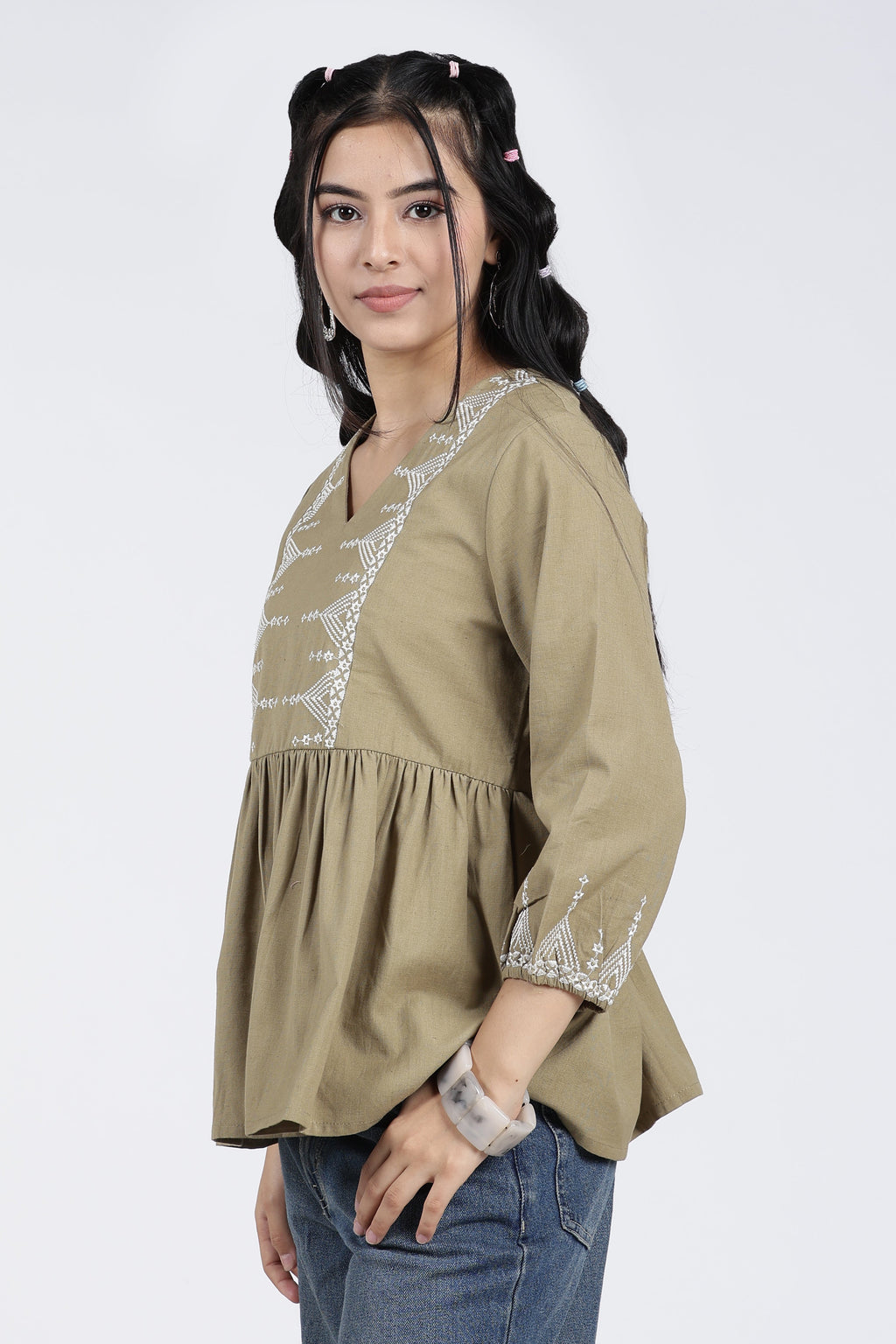 Green Regular Fit Peasant Tunic