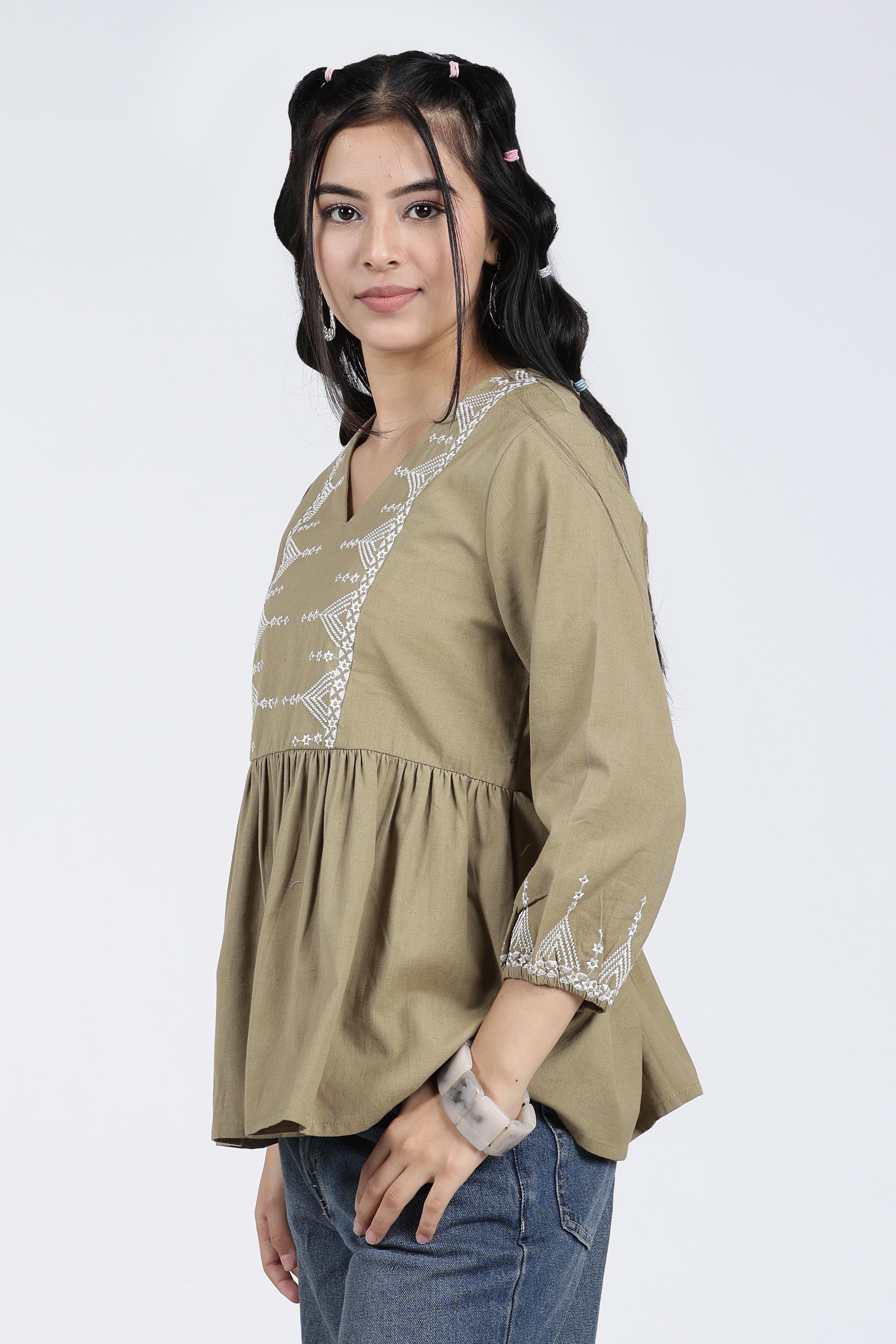Green Regular Fit Peasant Tunic