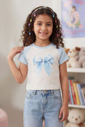 Light Blue Bow Printed Raglan Sleeves Regular Fit T-Shirt