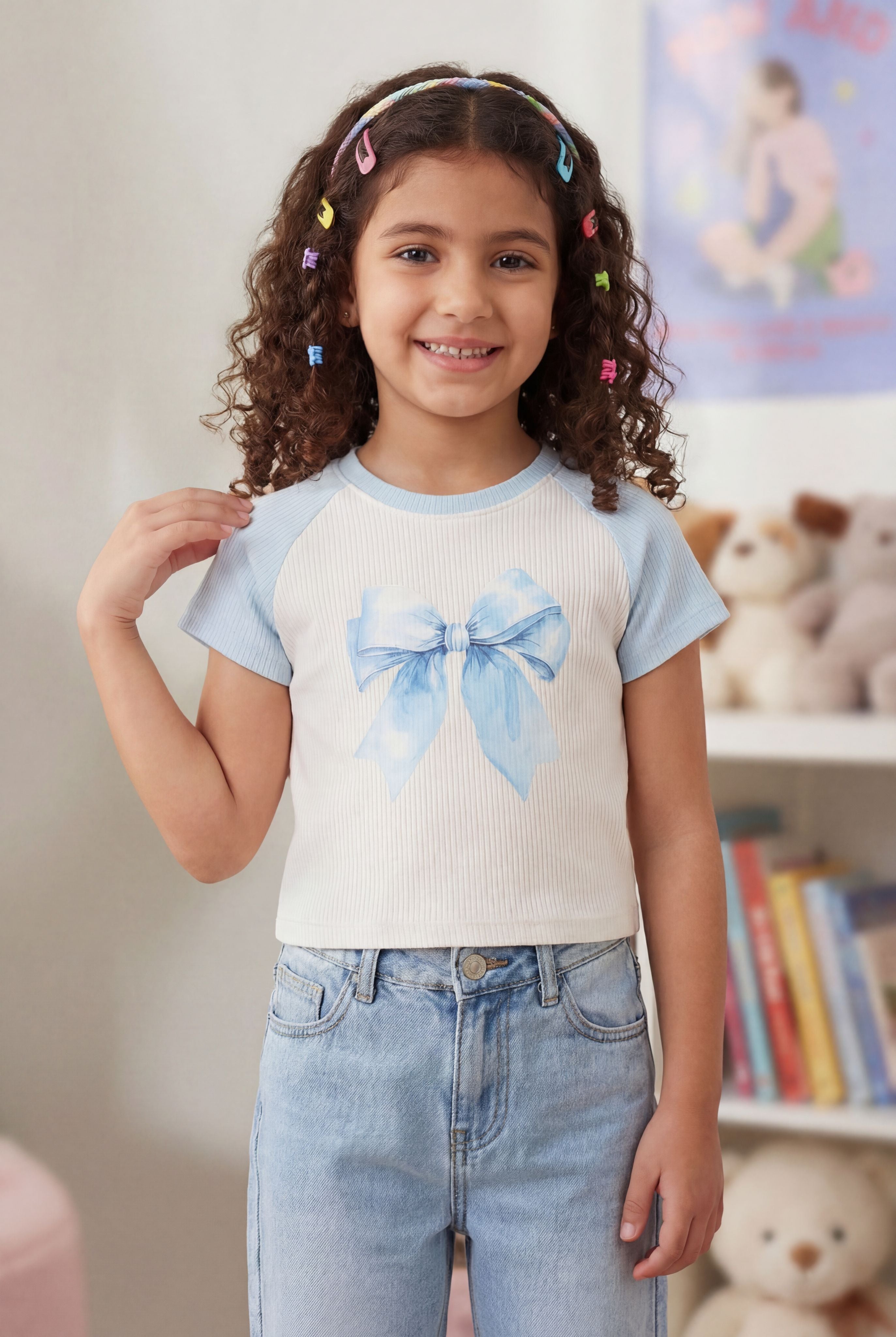 Light Blue Bow Printed Raglan Sleeves Regular Fit T-Shirt