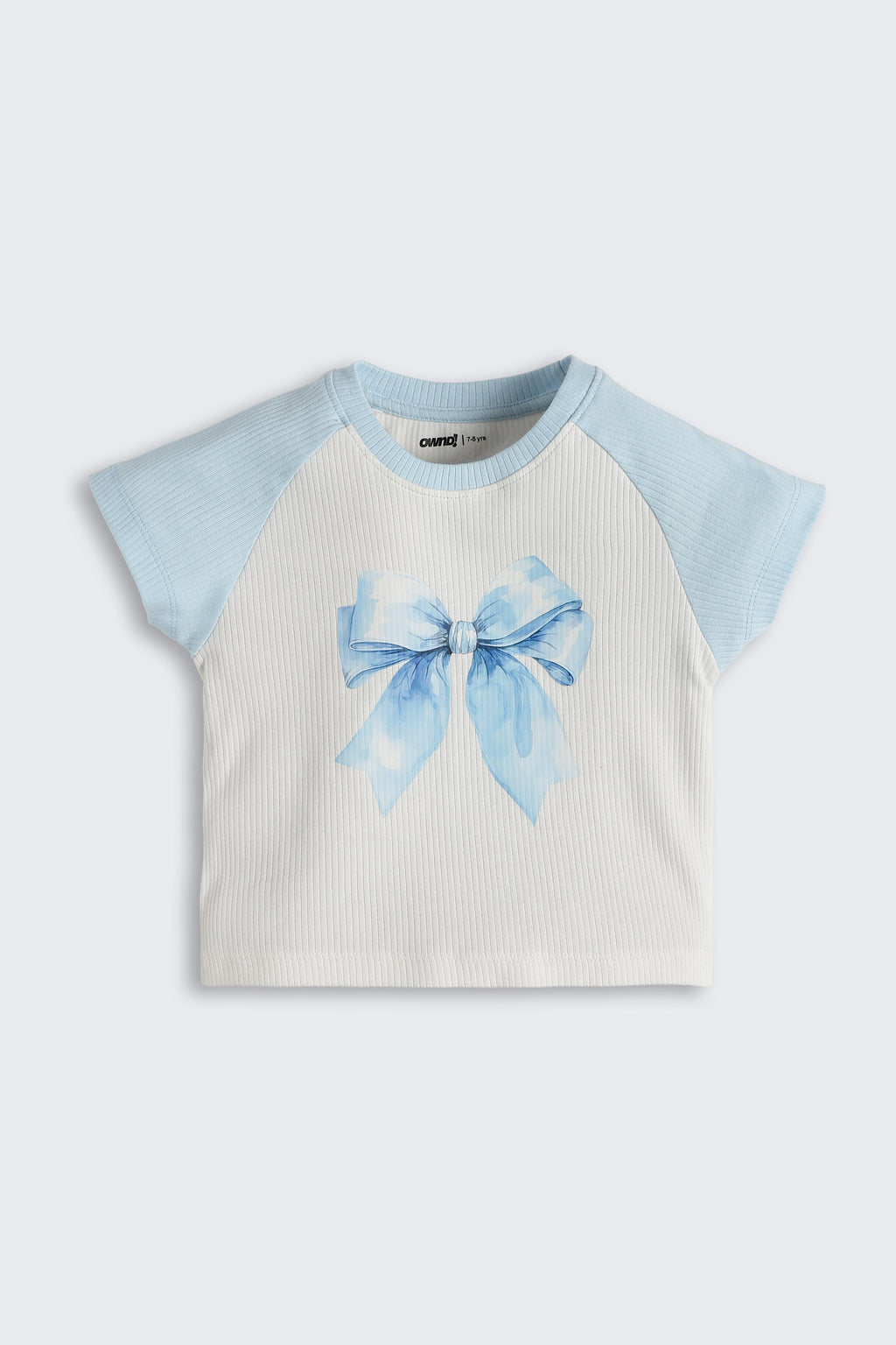Light Blue Bow Printed Raglan Sleeves Regular Fit T-Shirt