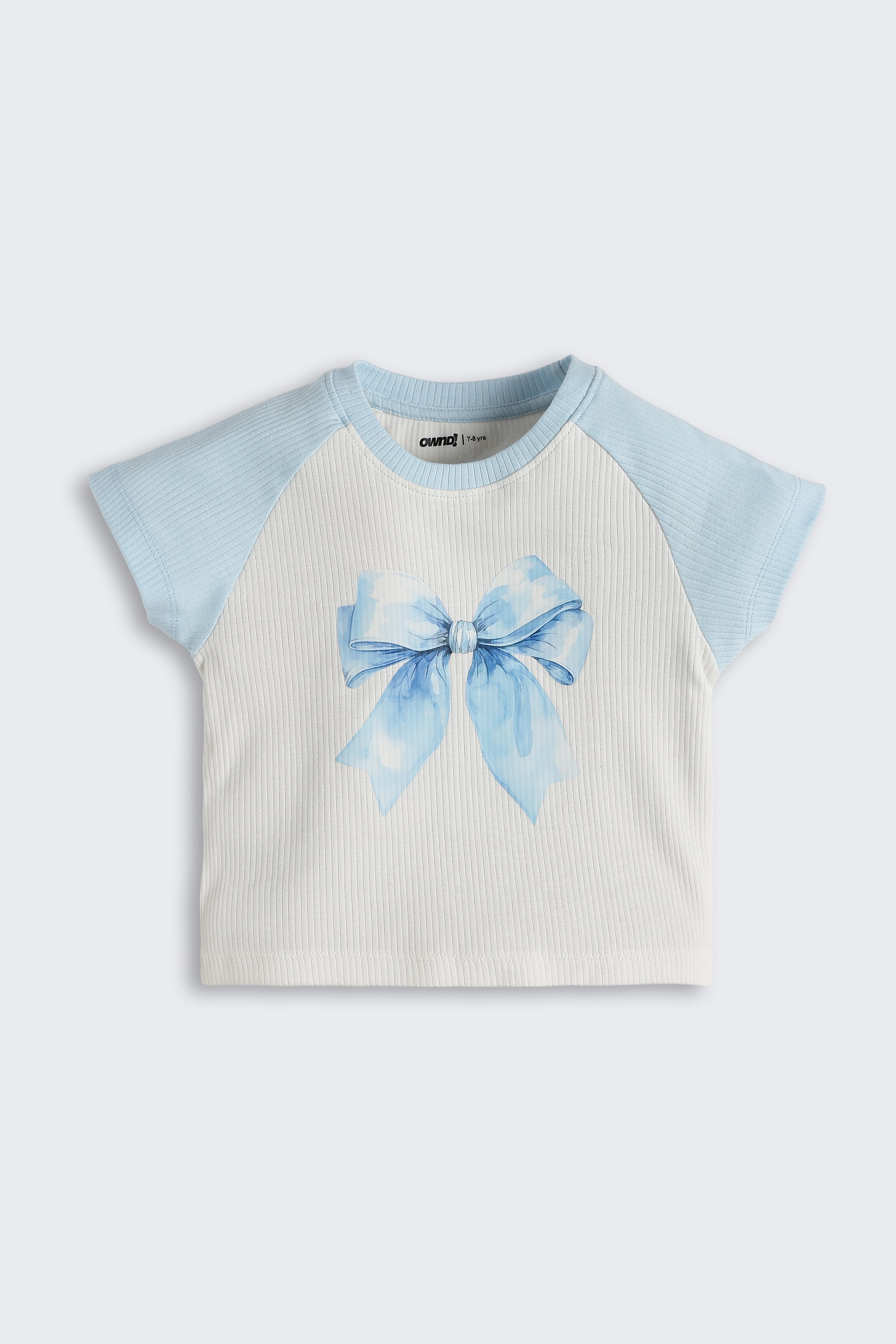 Light Blue Bow Printed Raglan Sleeves Regular Fit T-Shirt