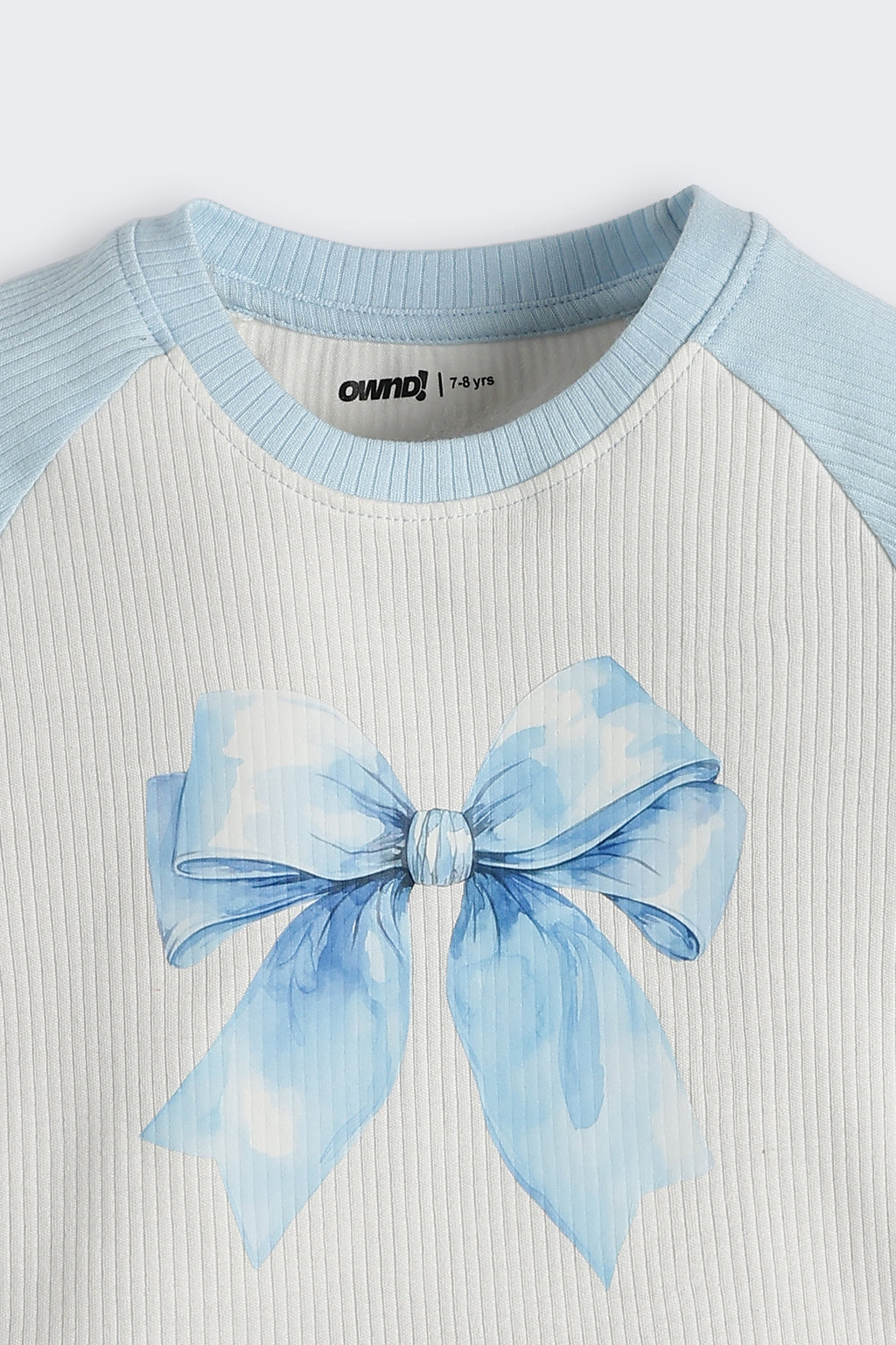 Light Blue Bow Printed Raglan Sleeves Regular Fit T-Shirt