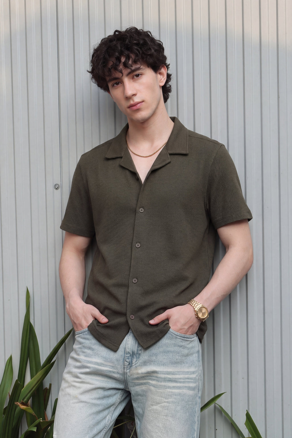 Olive Textured Regular Fit Shirt