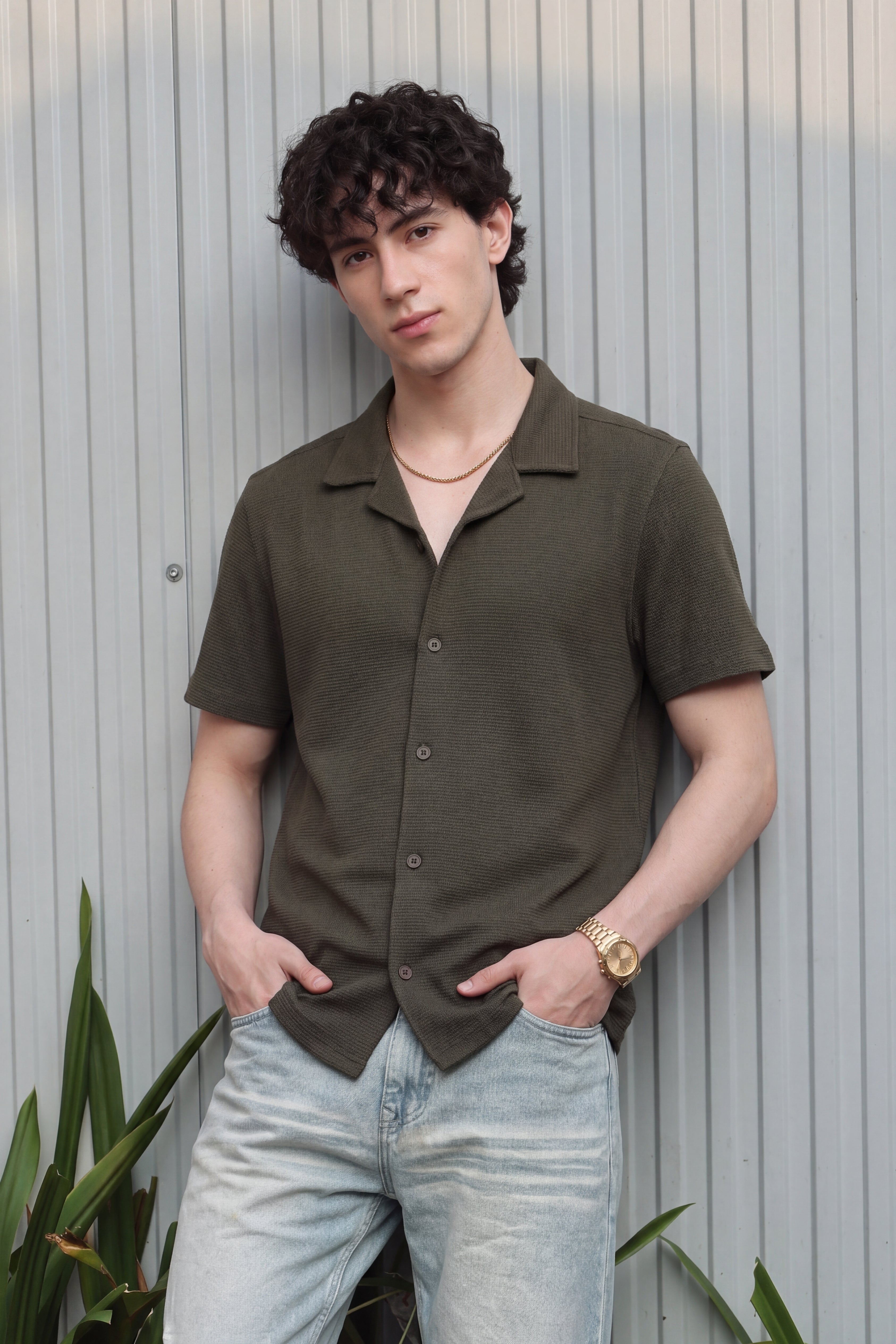 Olive Textured Regular Fit Shirt