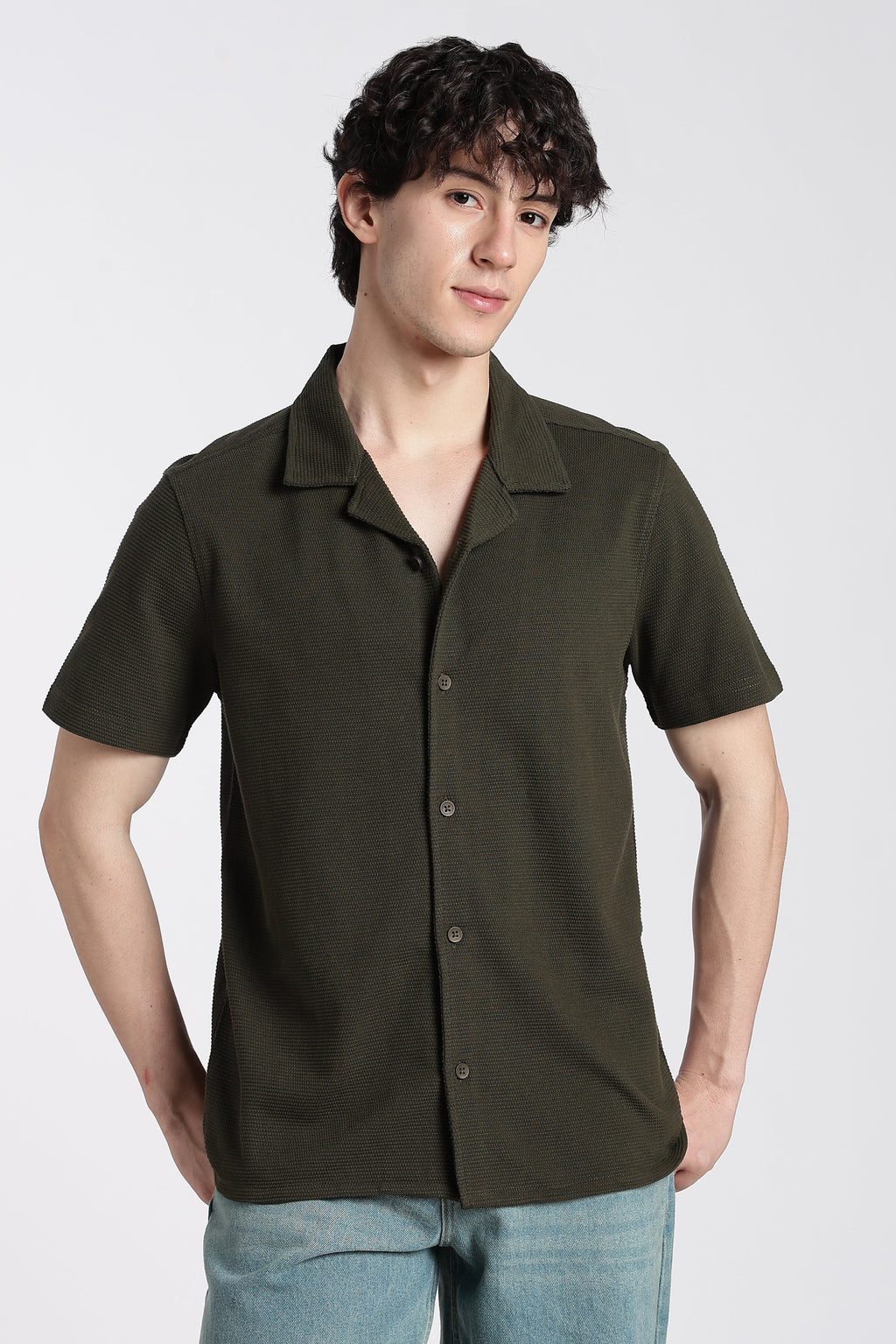 Olive Textured Regular Fit Shirt