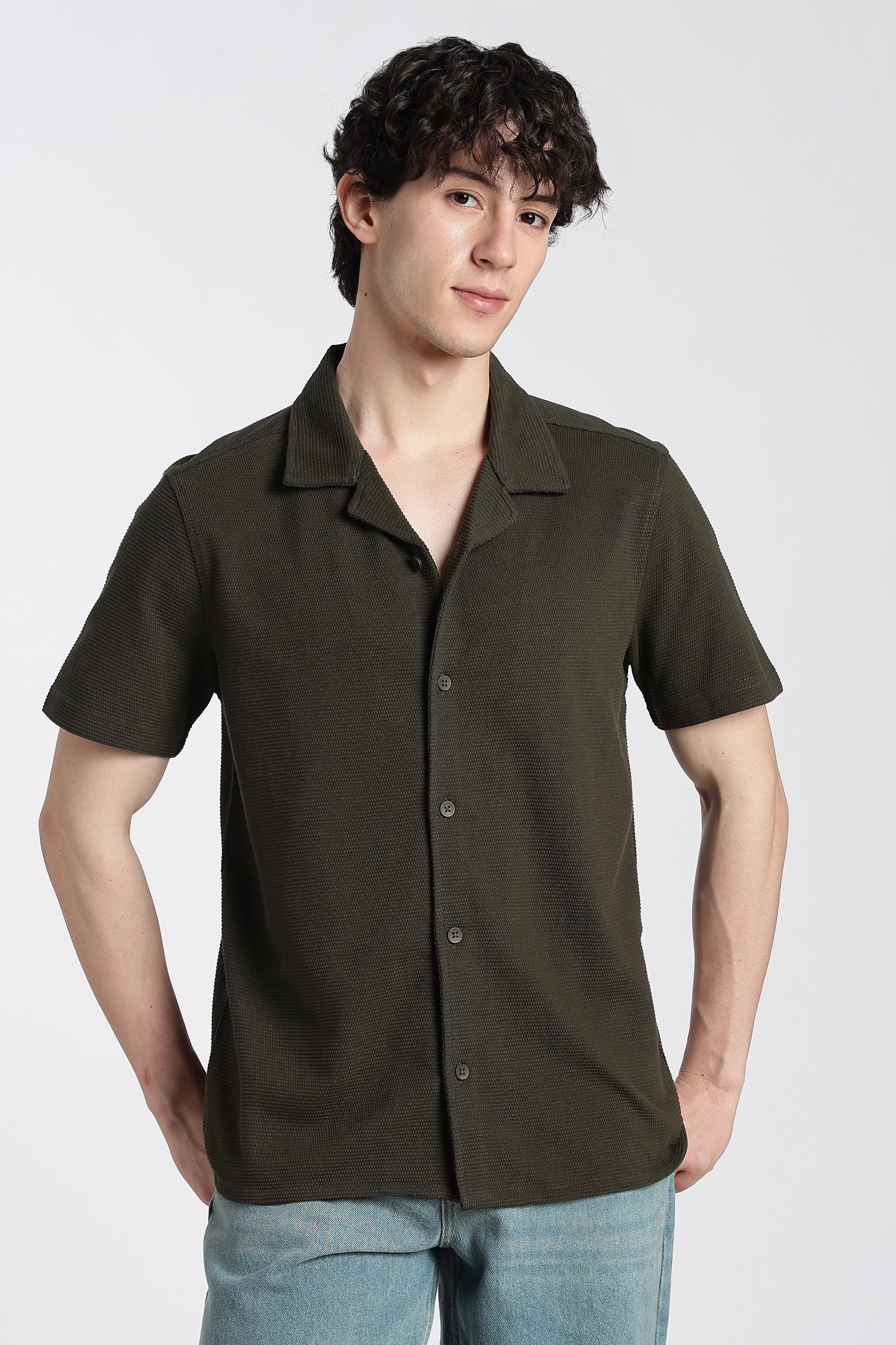 Olive Textured Regular Fit Shirt