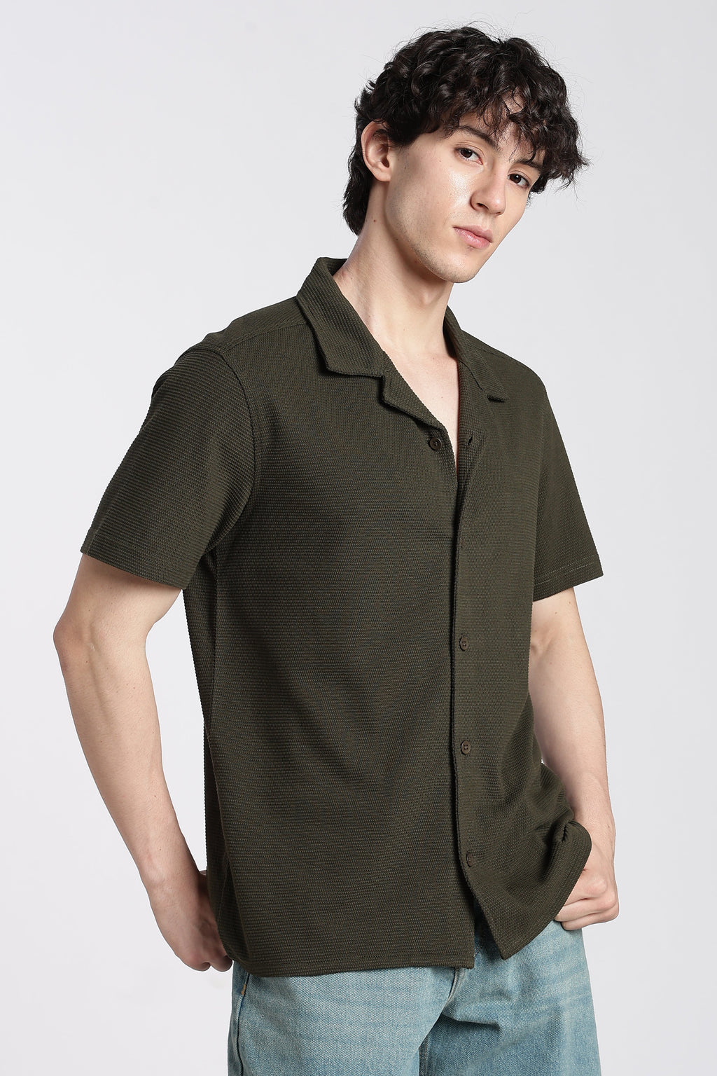 Olive Textured Regular Fit Shirt