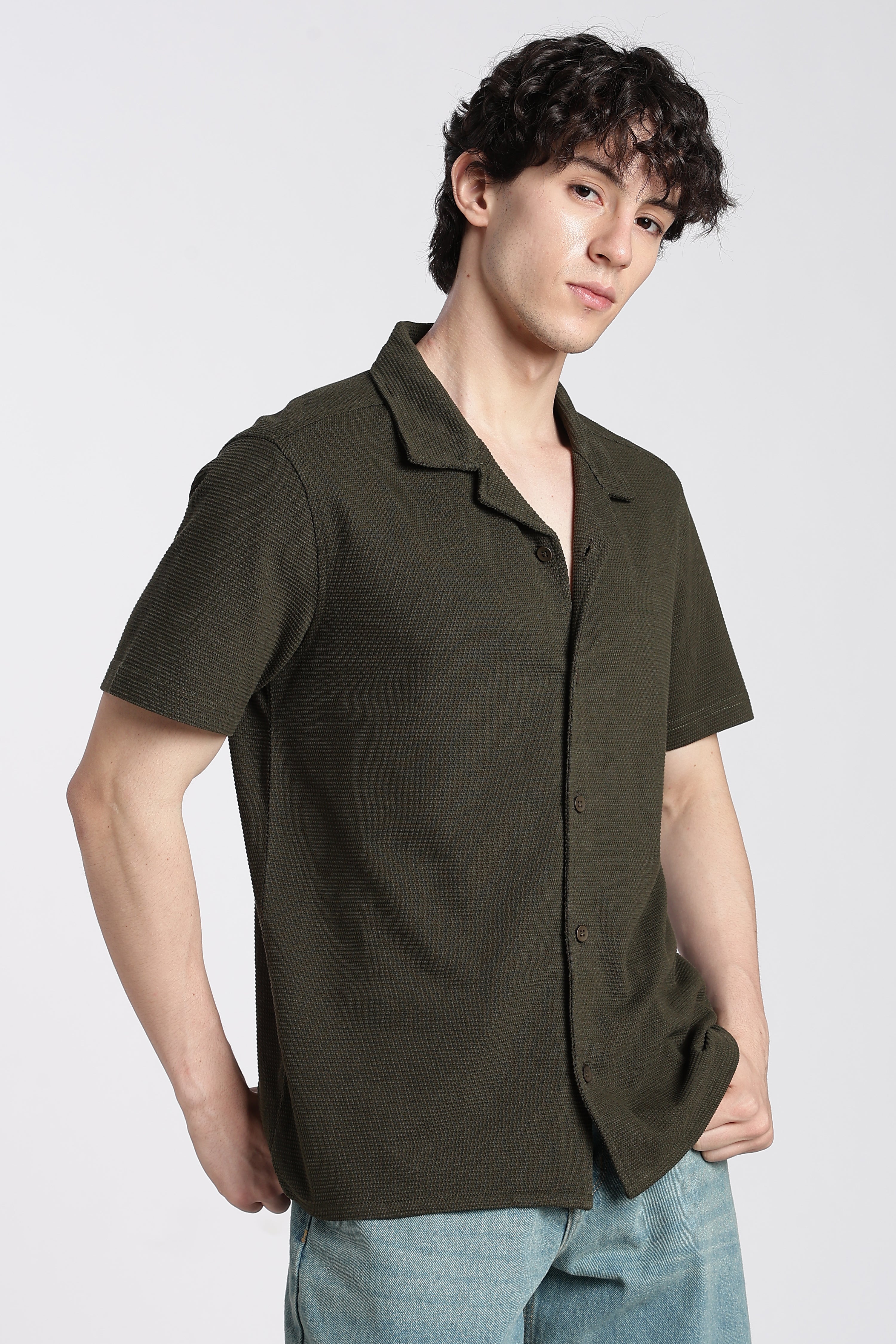 Olive Textured Regular Fit Shirt