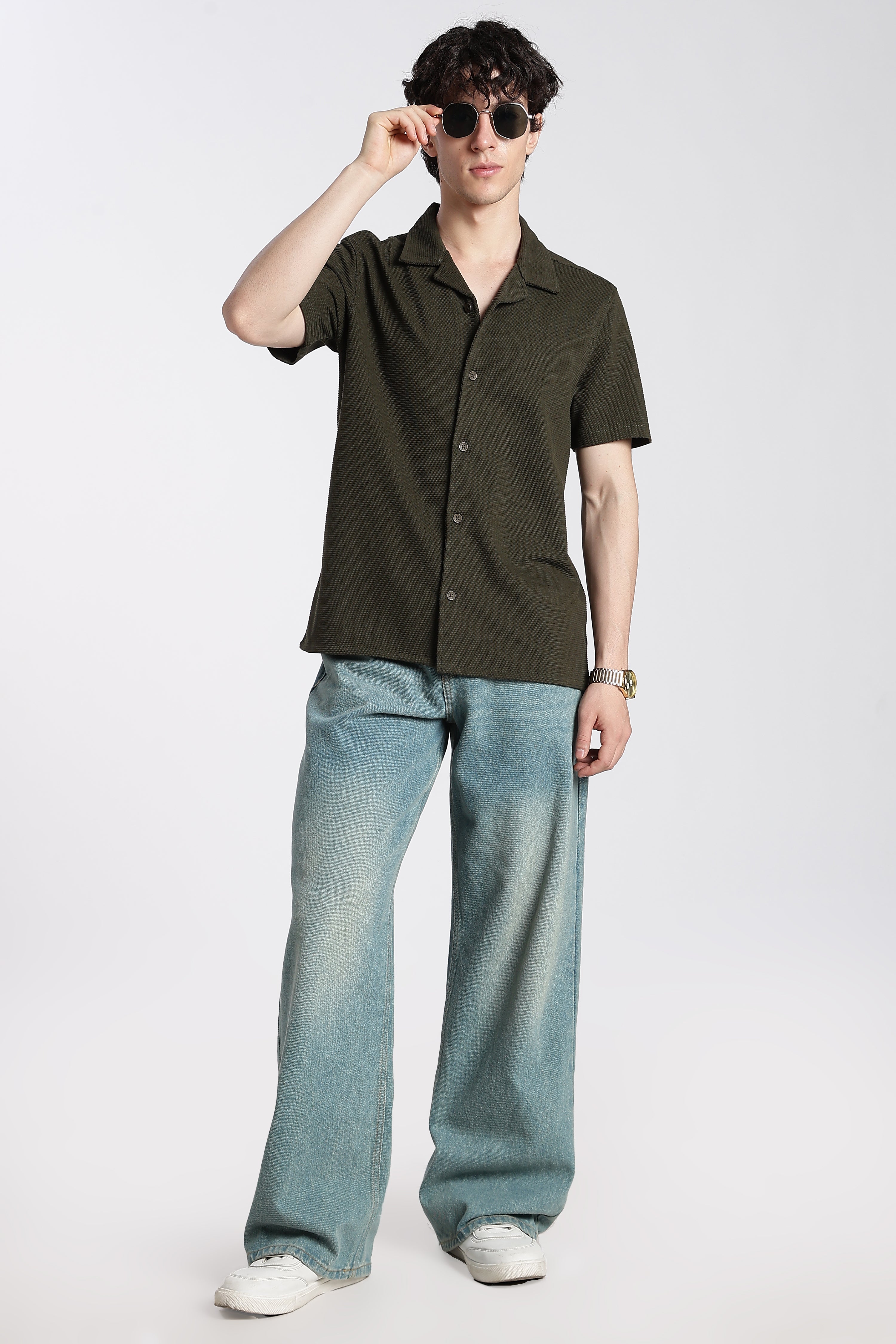 Olive Textured Regular Fit Shirt