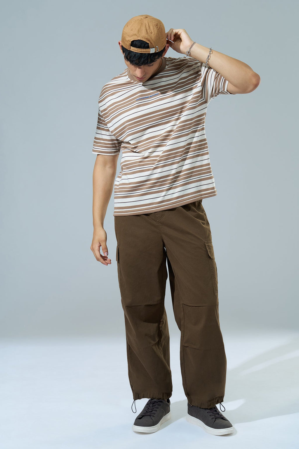 Brown Striped Oversized Fit T-Shirt
