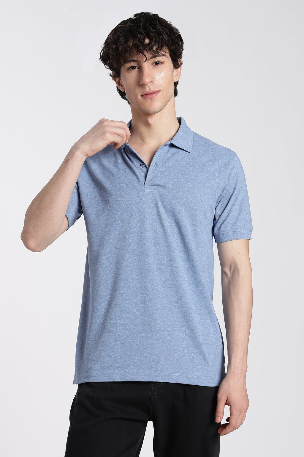 Light Blue Cotton Blend Regular Fit Polo T-Shirt