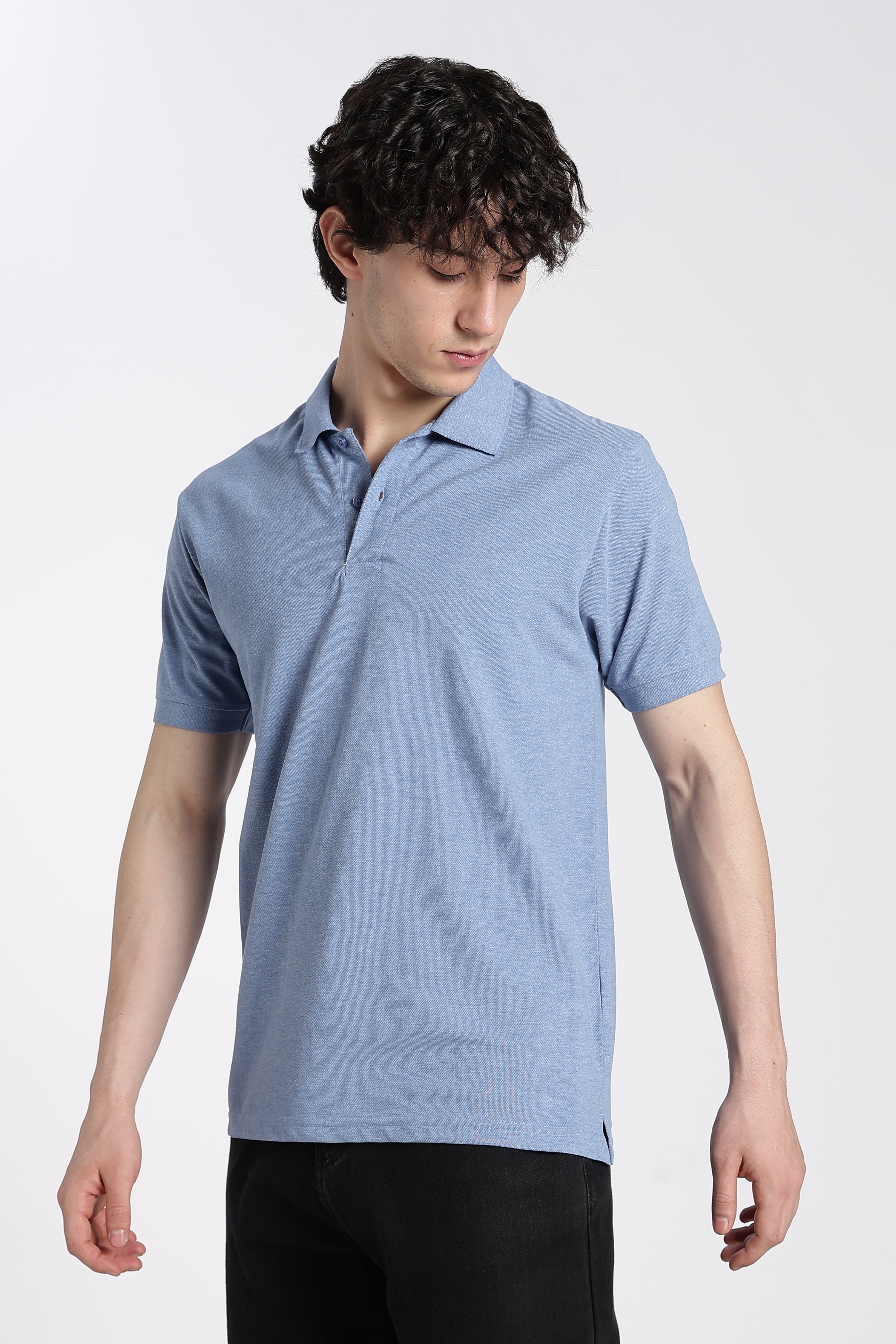 Light Blue Cotton Blend Regular Fit Polo T-Shirt